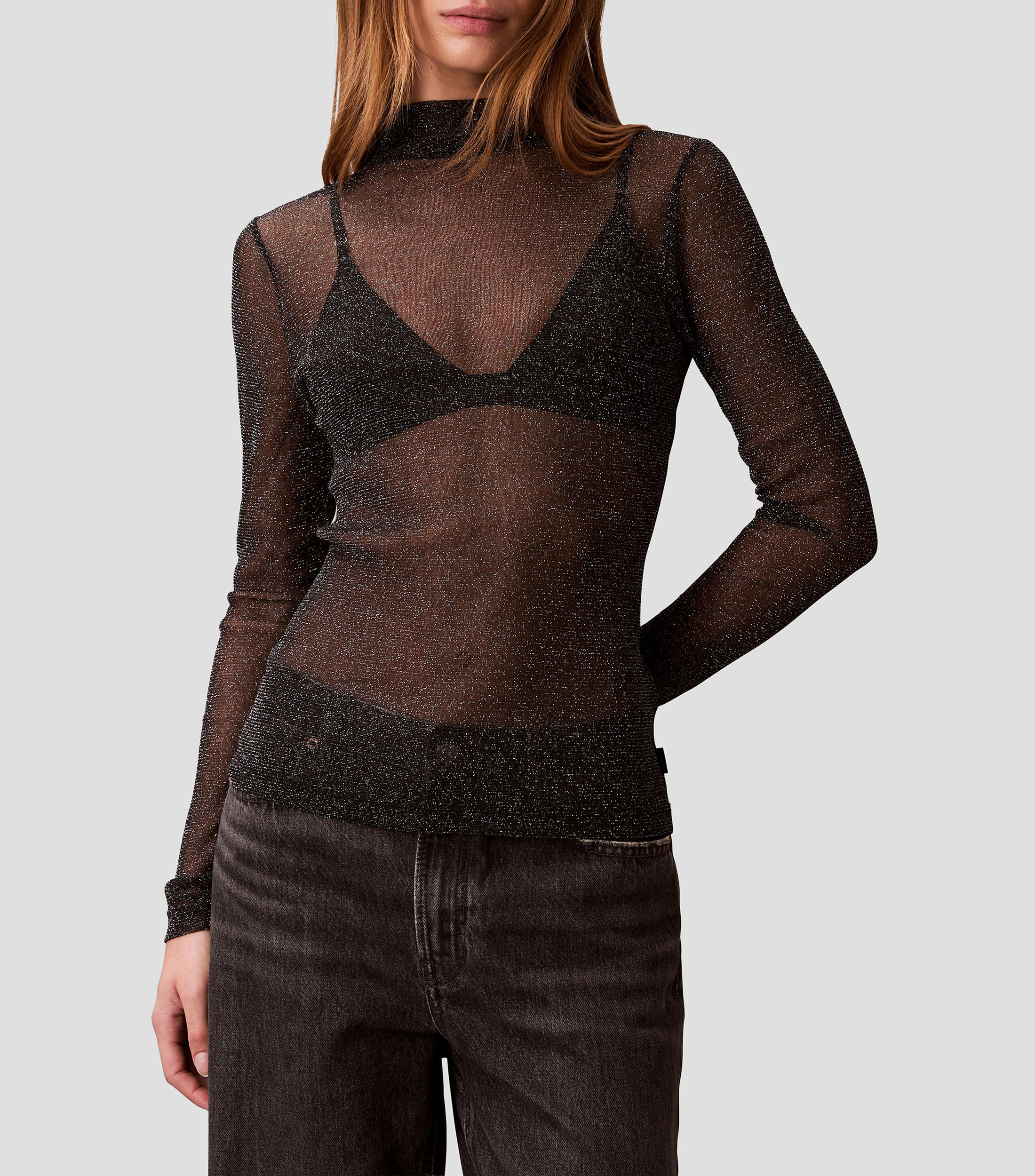 Blusa transparente lisa manga larga Mujer