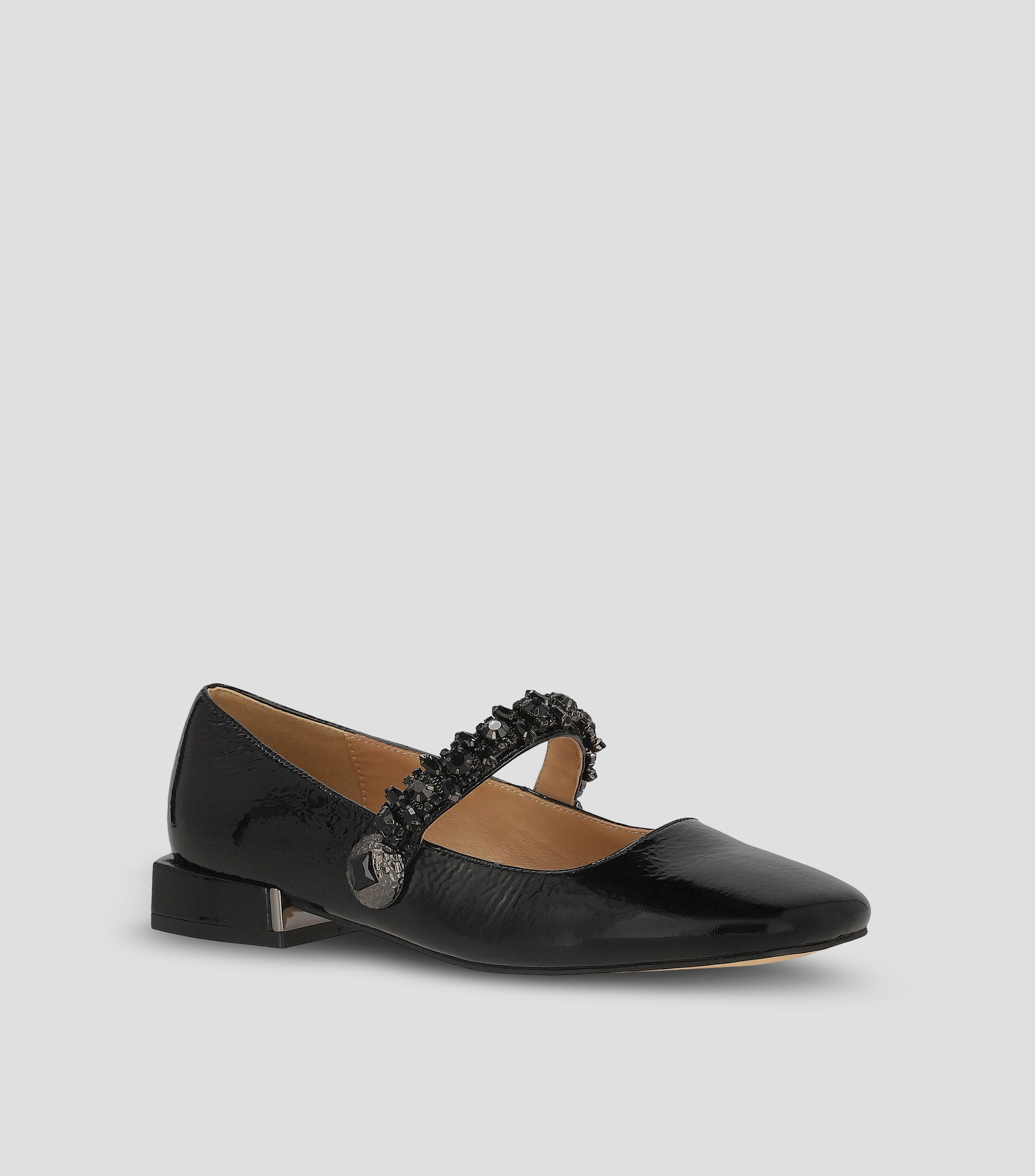 Flats de piel con tacón ancho y pedrería Mujer