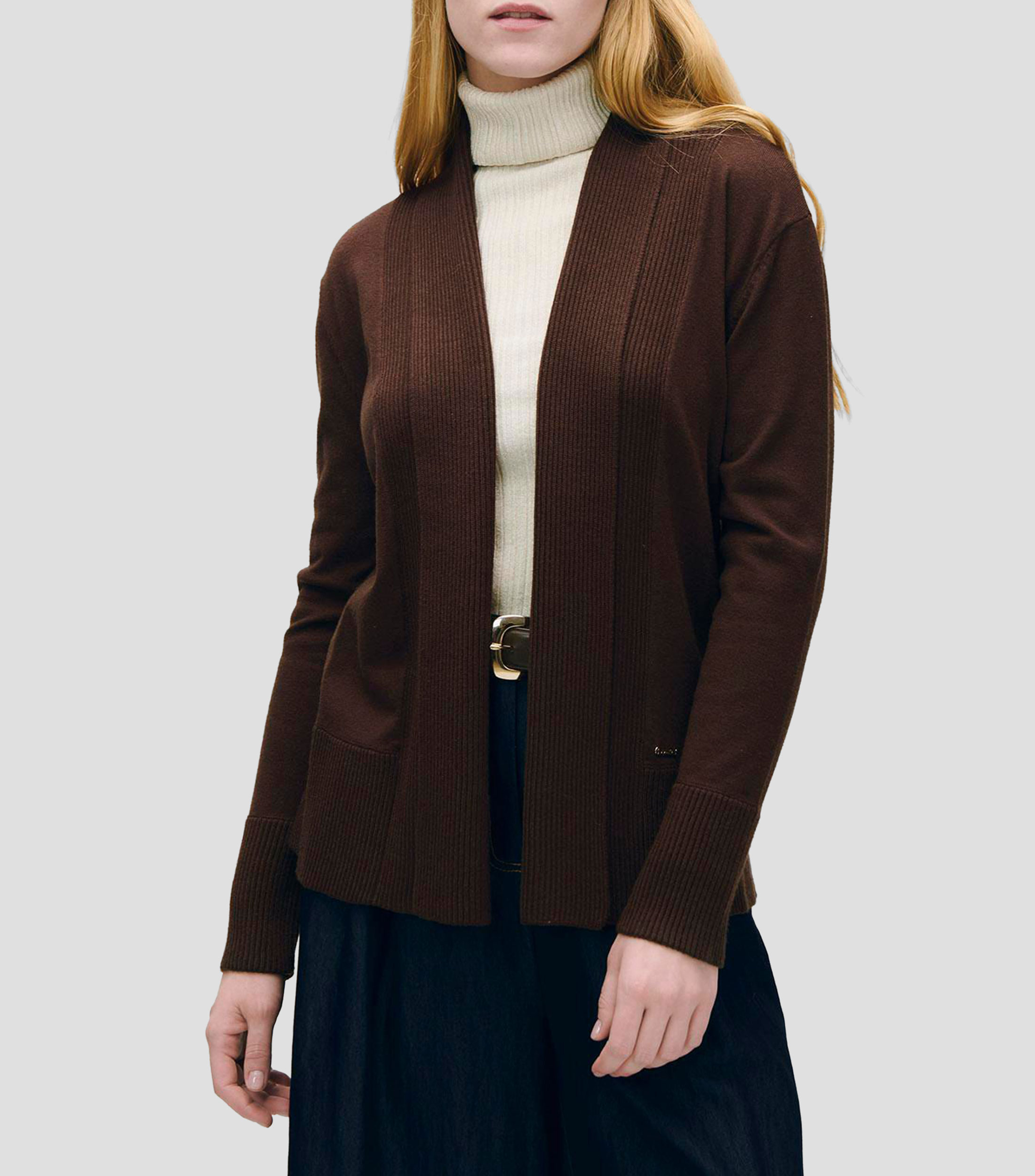 Cárdigan tejido combinado canalé Mujer