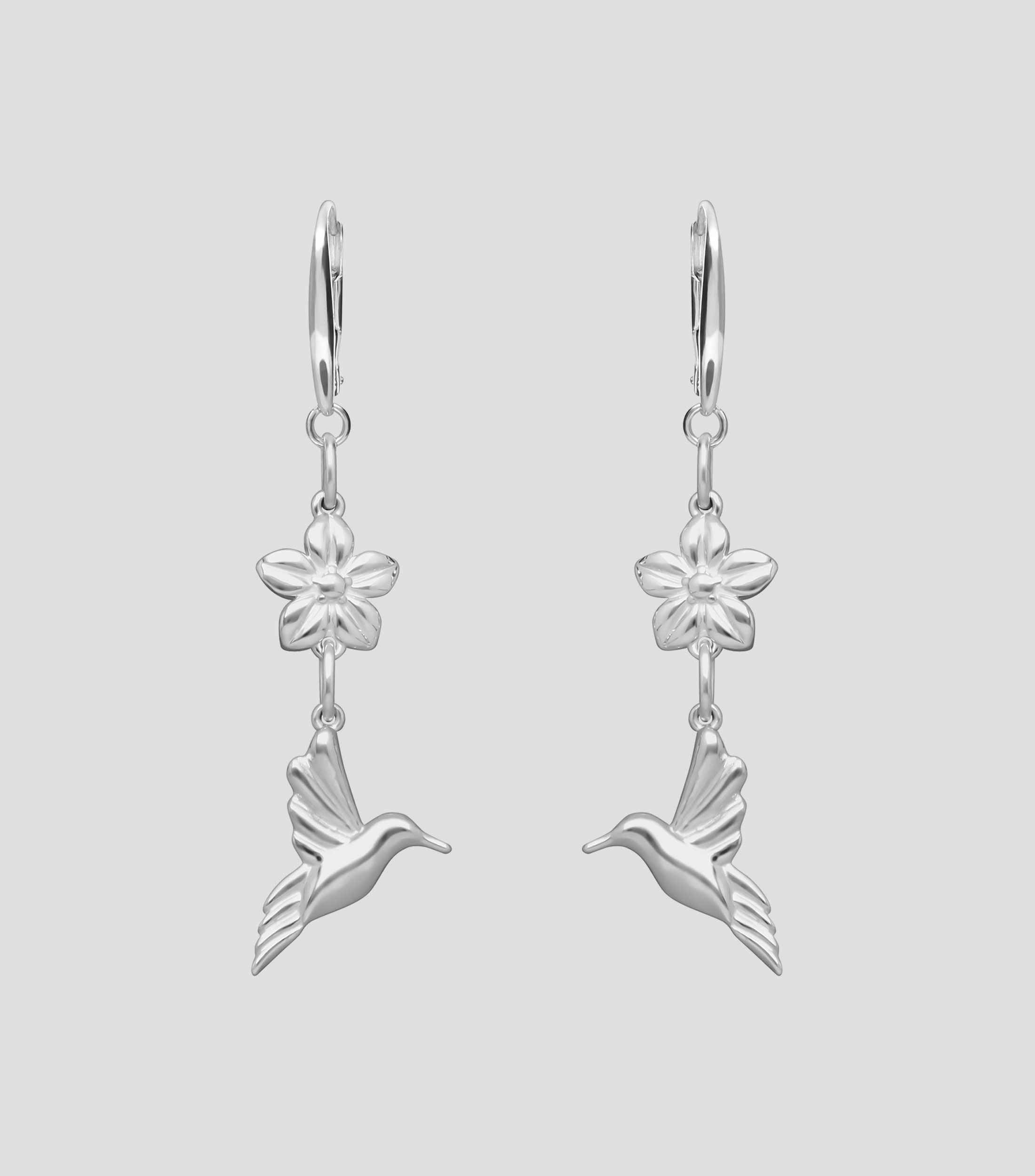 Aretes en Plata .925 con flor y colibrí Mujer