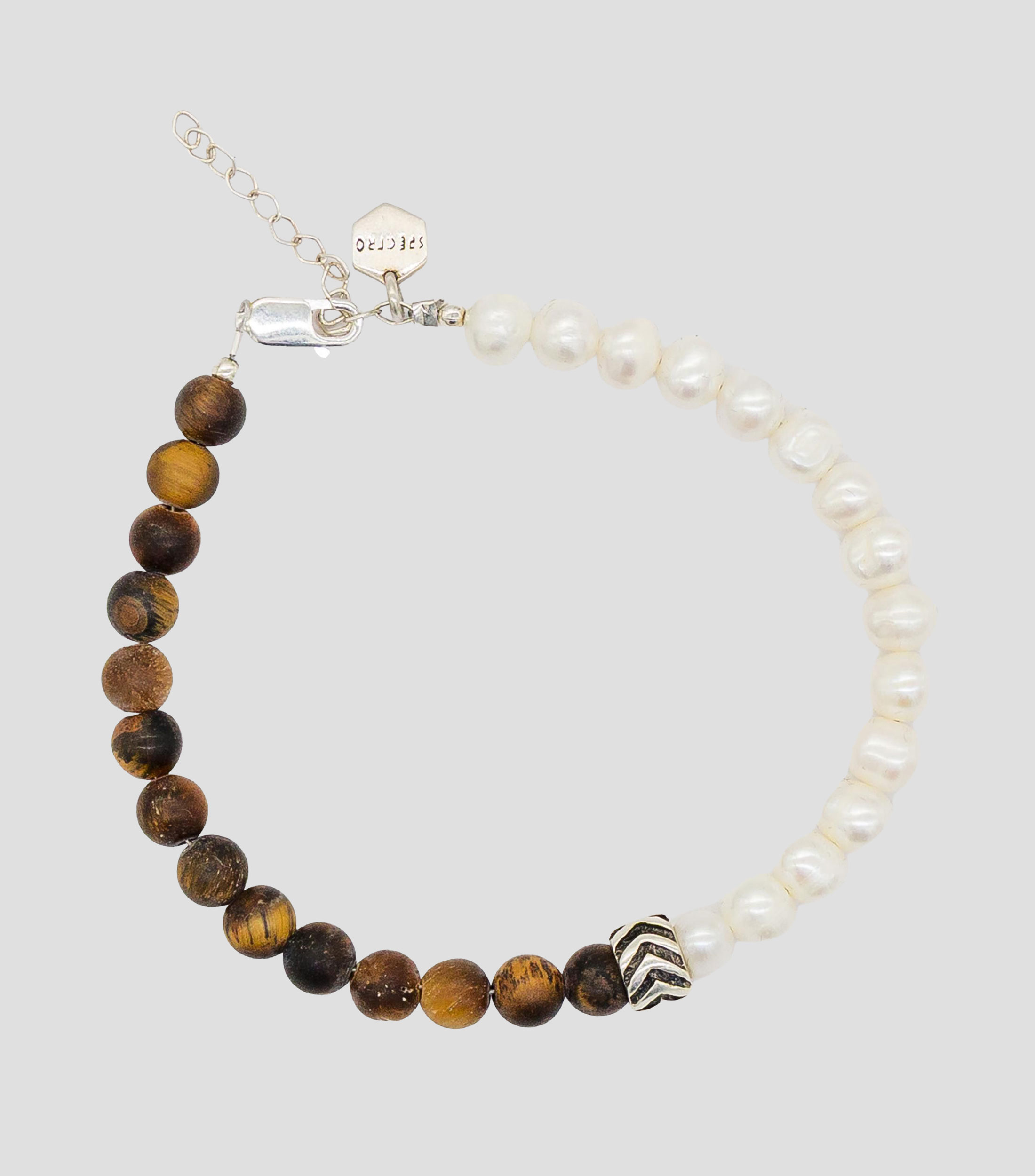 Brazalete en plata 925 con perlas y cuentas ojo de tigre Hombre