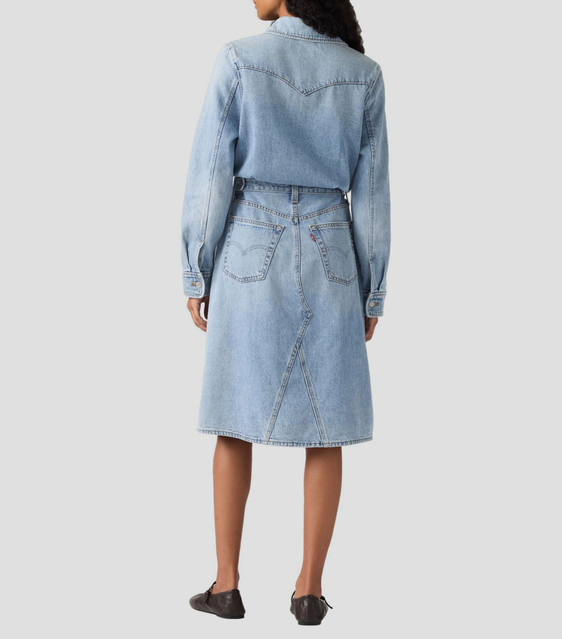 Vestido midi con manga larga en mezclilla liso Mujer