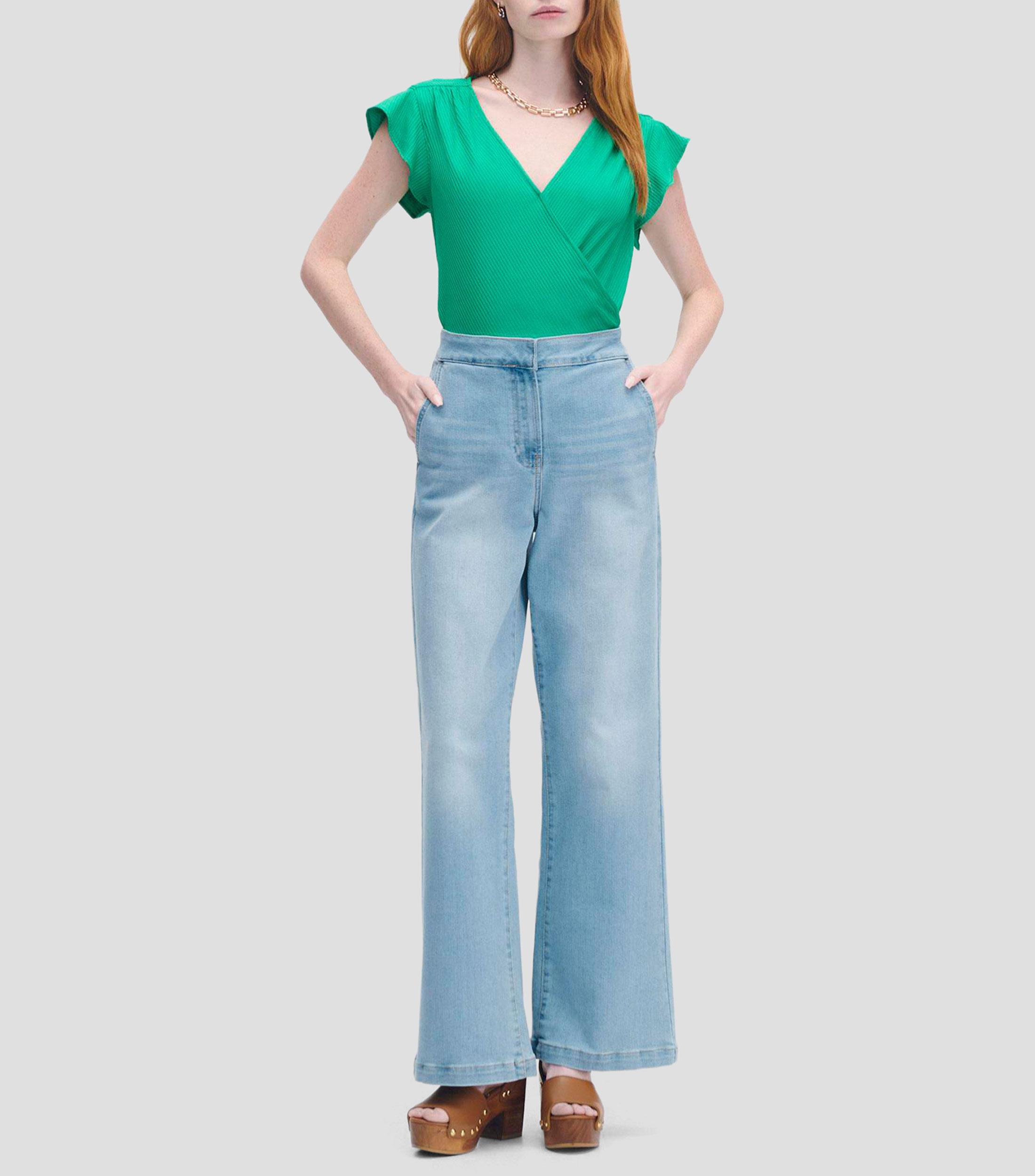 Blusa Envolvente Tejido Canalé Verde Trébol Manga Escarola Mujer
