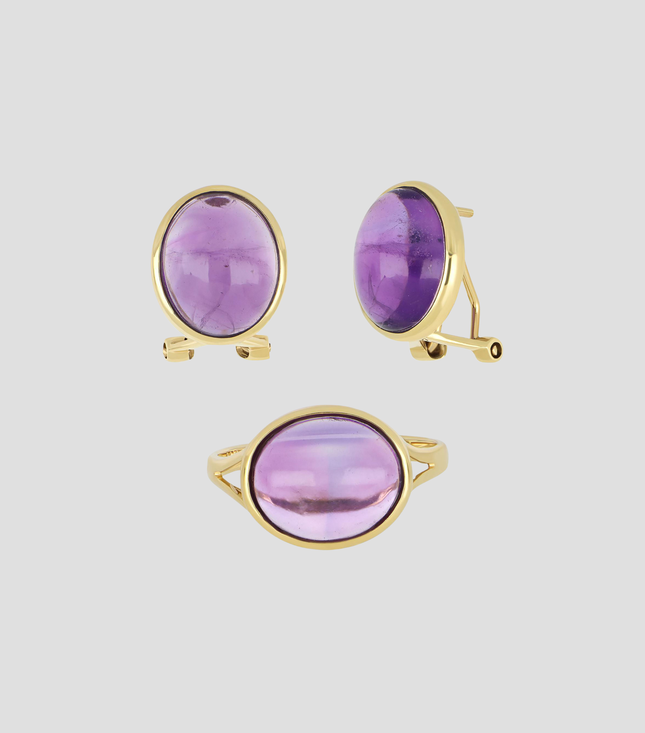 Set de anillo y aretes en Oro amarillo 14 Kilates con amatistas Mujer