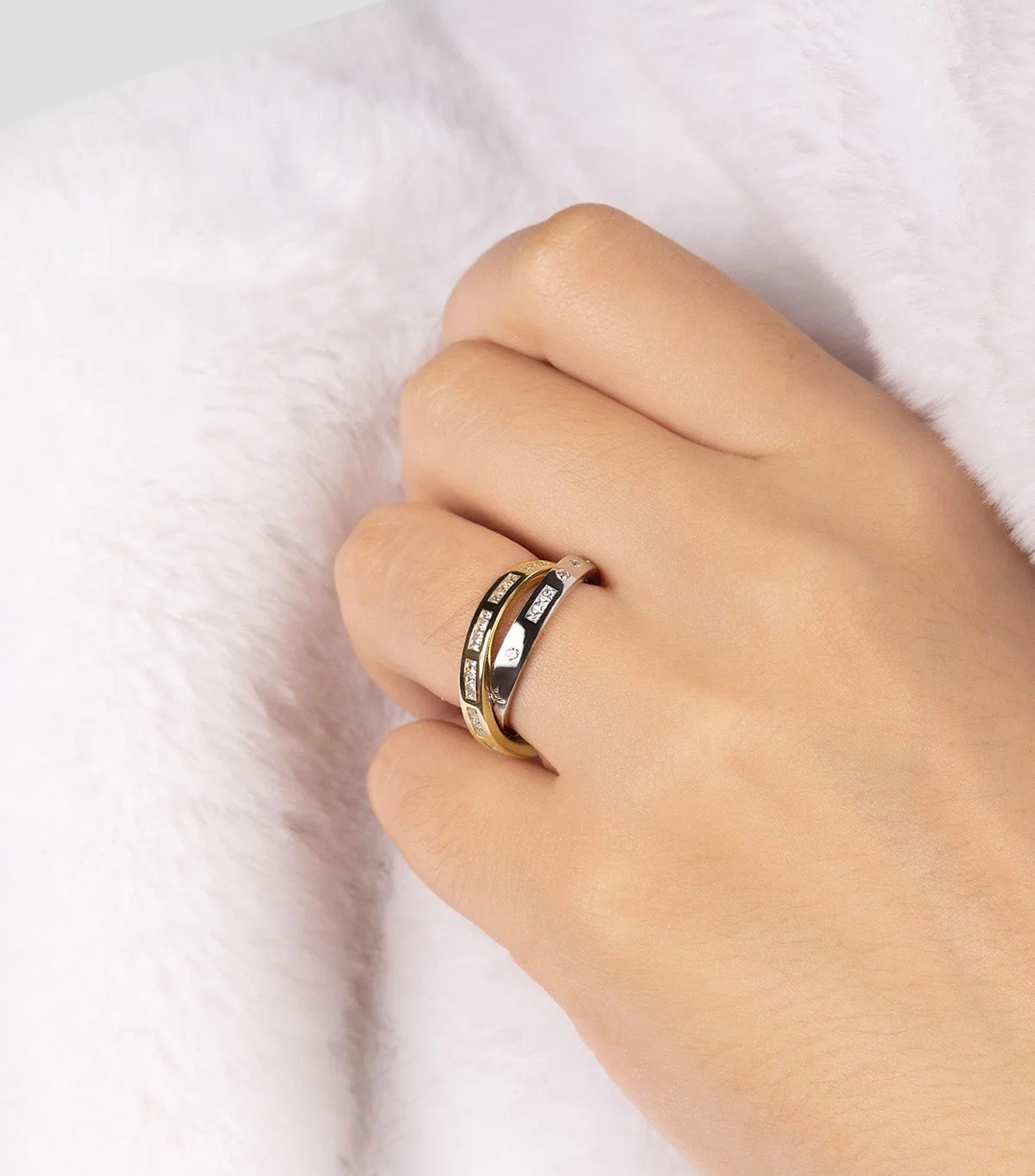 Anillo doble en plata con circonias cúbicas Código Morse Mujer
