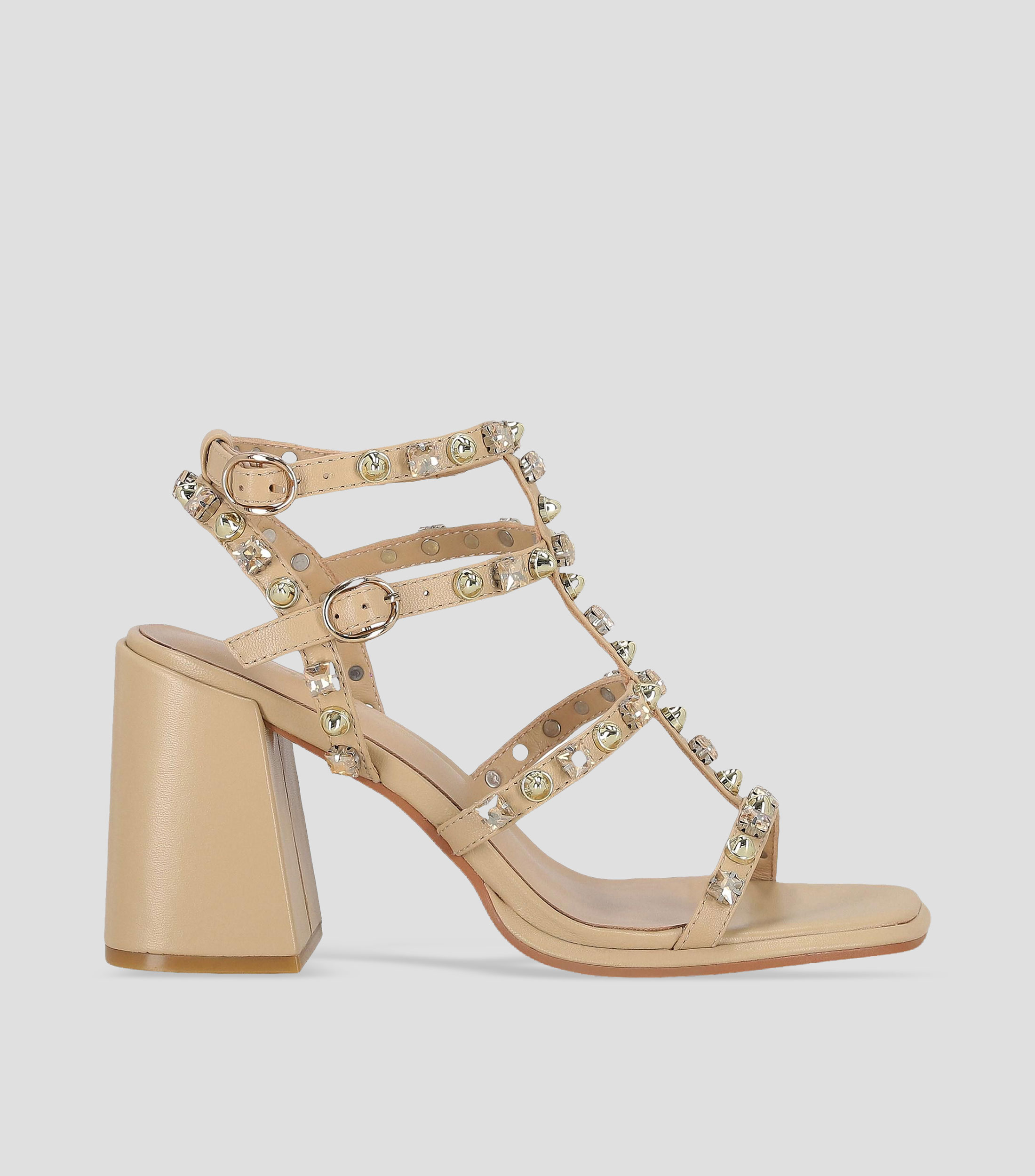 Sandalias casuales de tacón alto ancho en piel Mujer