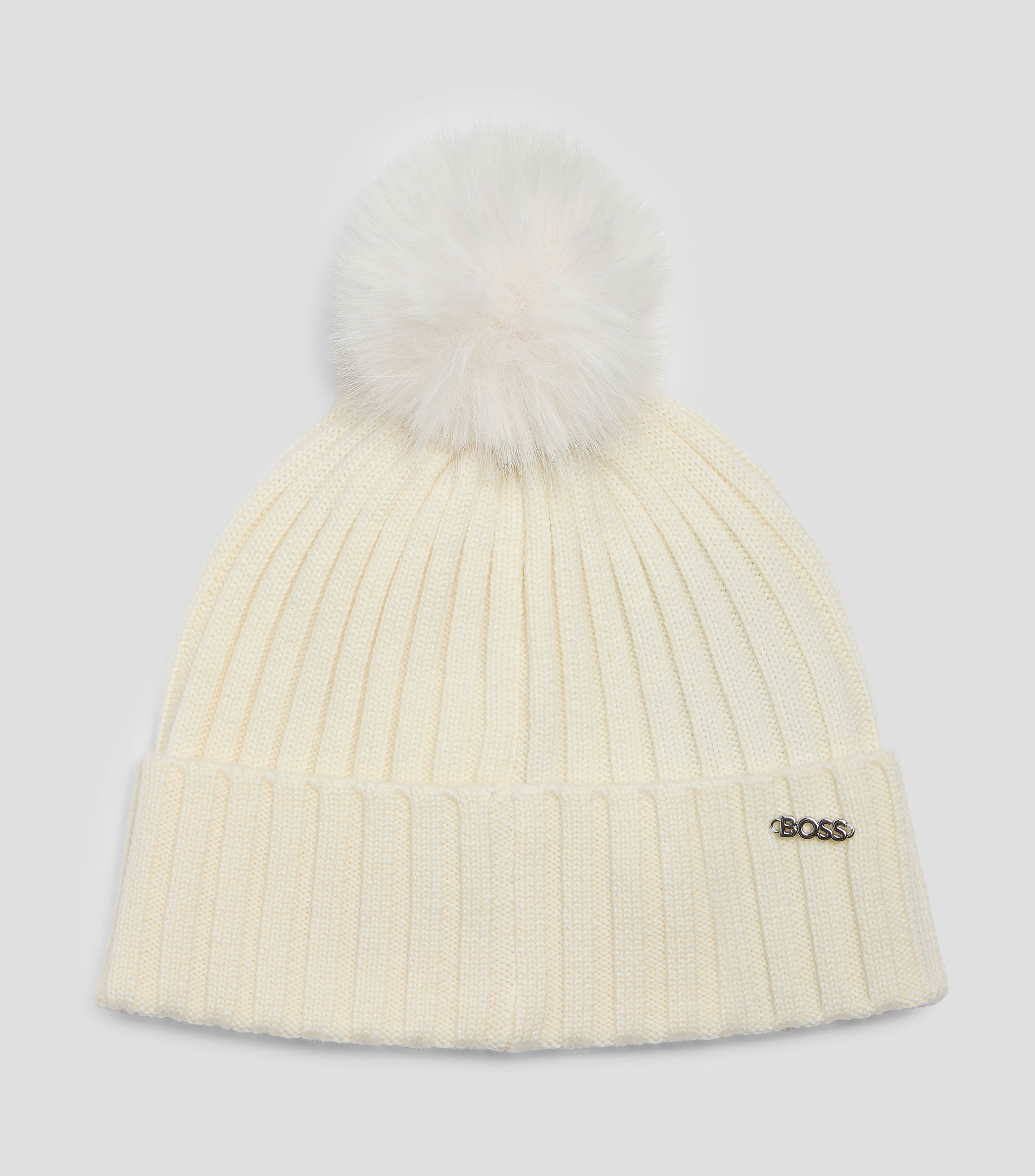 Gorro de punto de lana virgen con pompón de imitación de piel Mujer