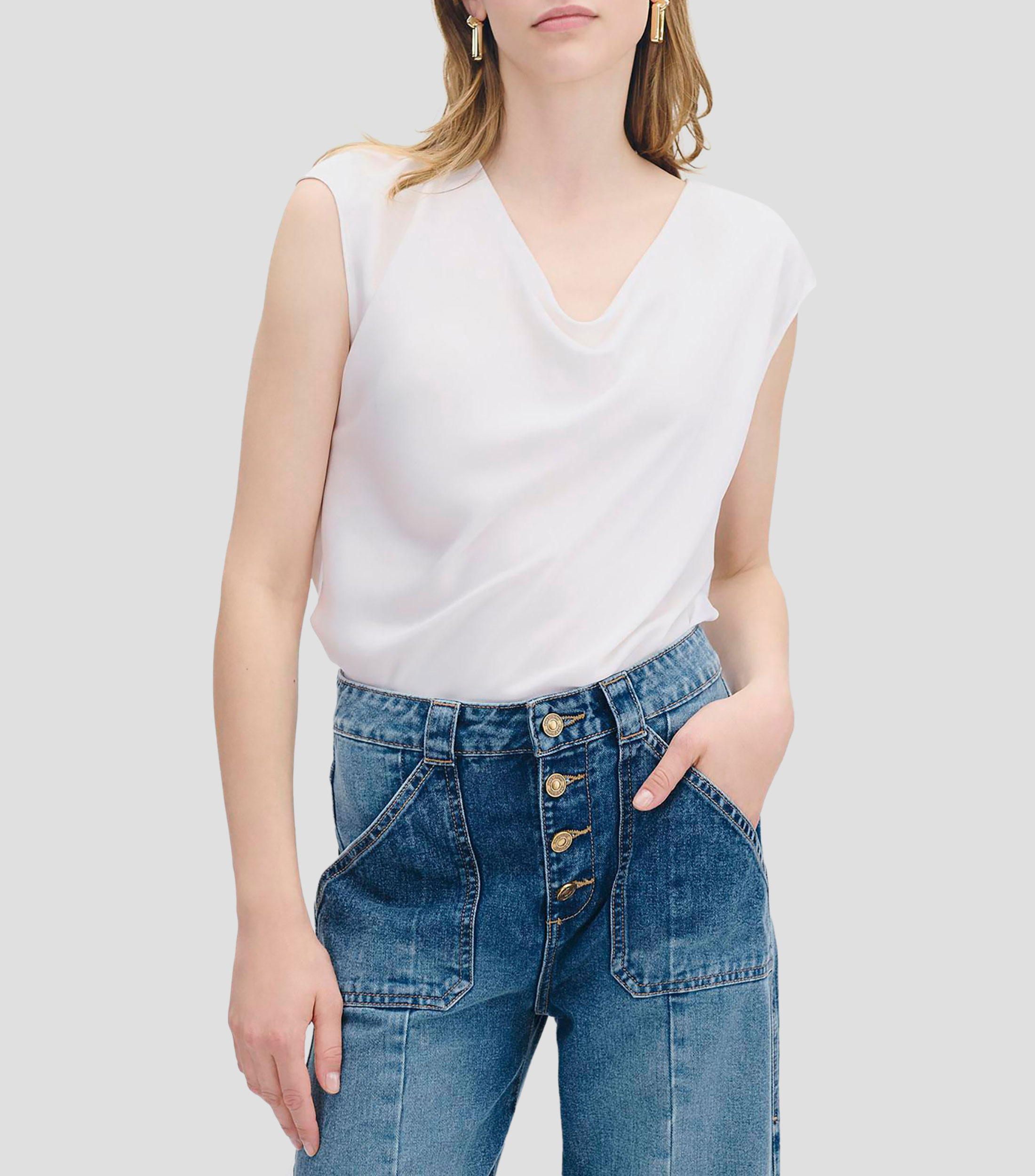 Blusa de Satín Escote Drapeado Blanca Mujer
