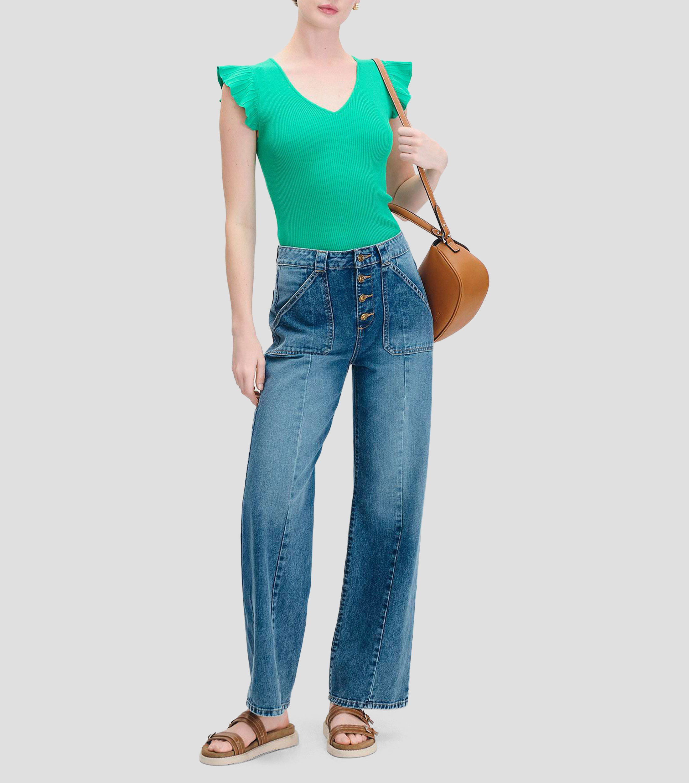Blusa tejido canalé escote V manga escarola Mujer