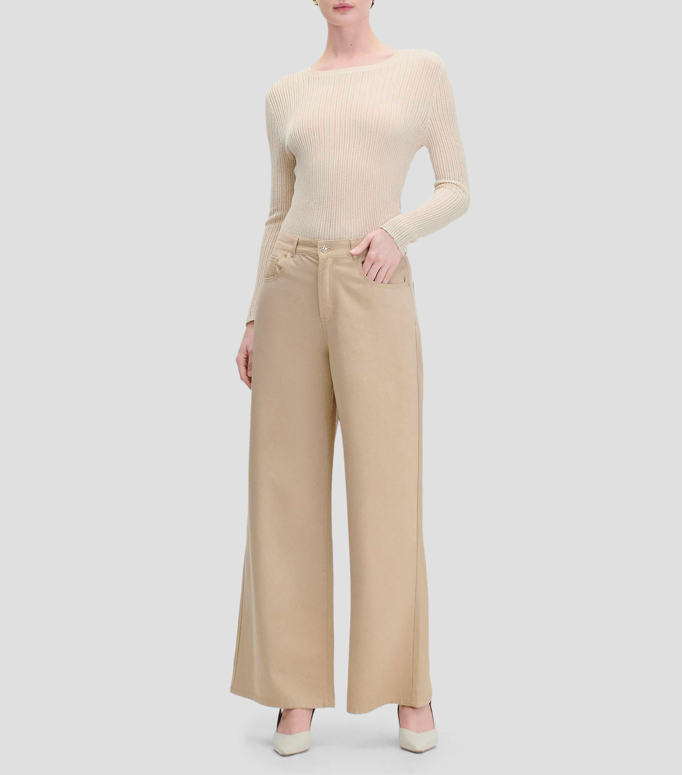 Pantalón Palazzo Tiro Alto Beige Tipo Jeans Mujer