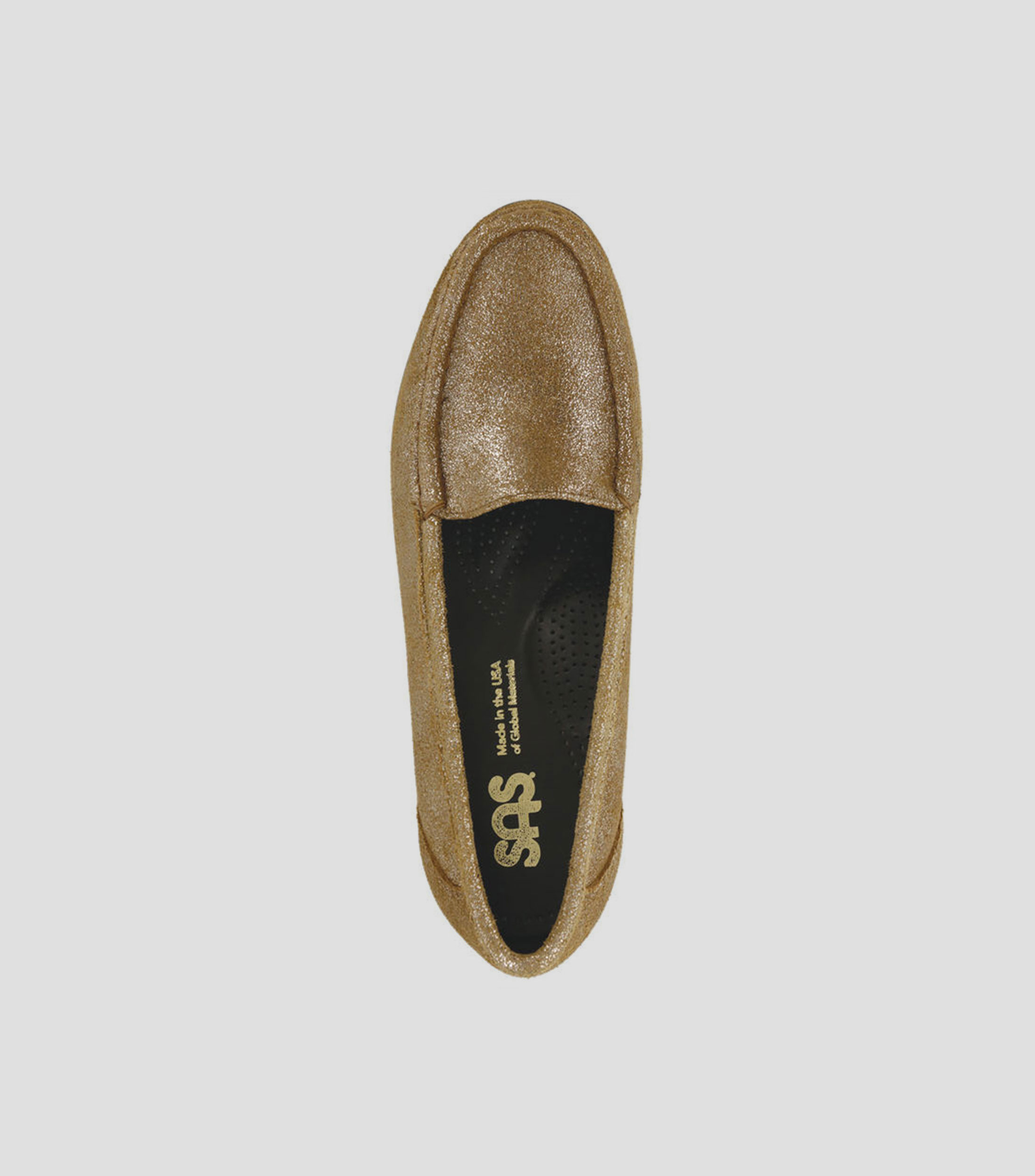 Mocasín horma mediana, de piel suave con terminado de brillos color dorado Mujer