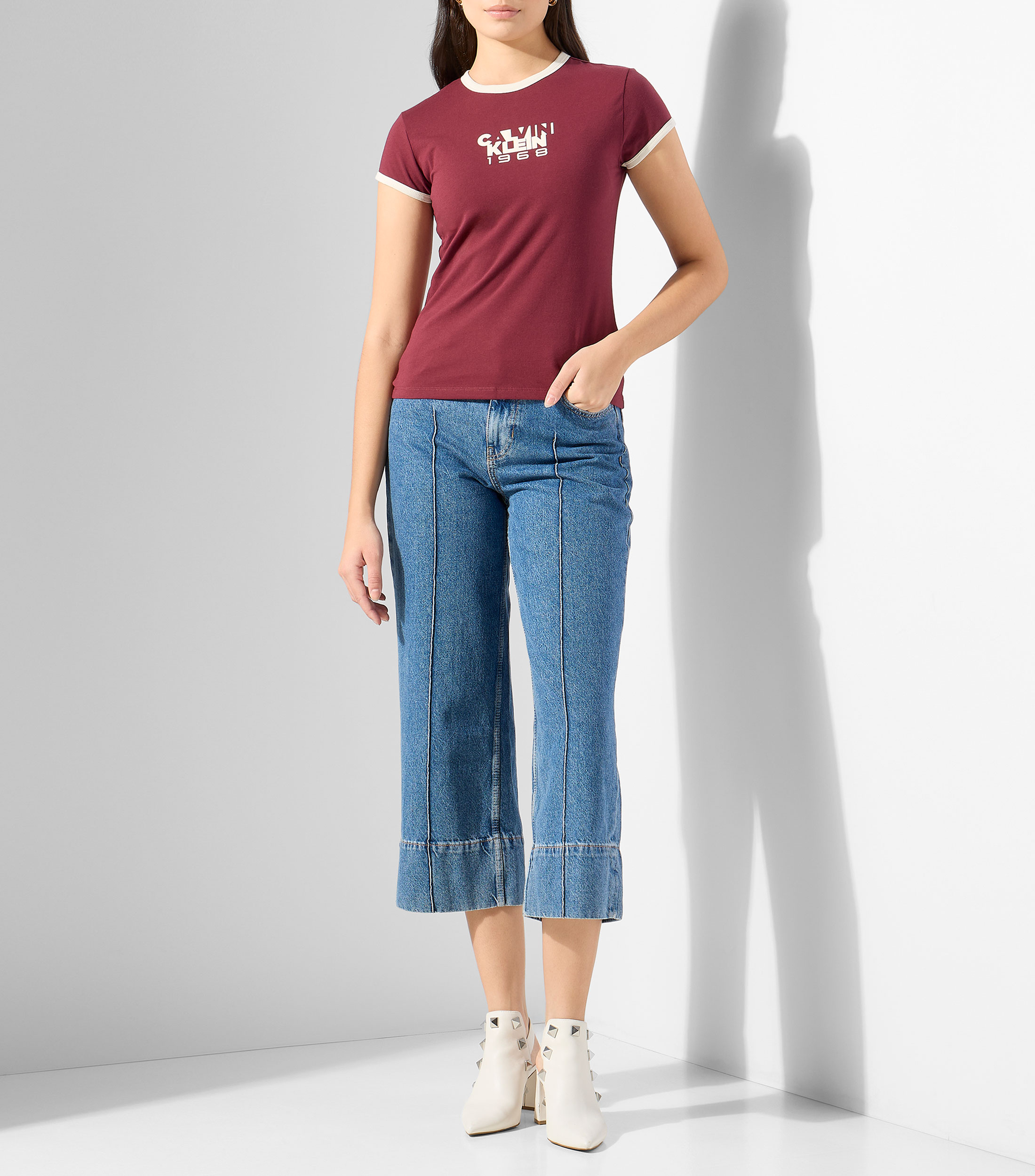 Playera de cuello redondo con manga larga estampada Mujer