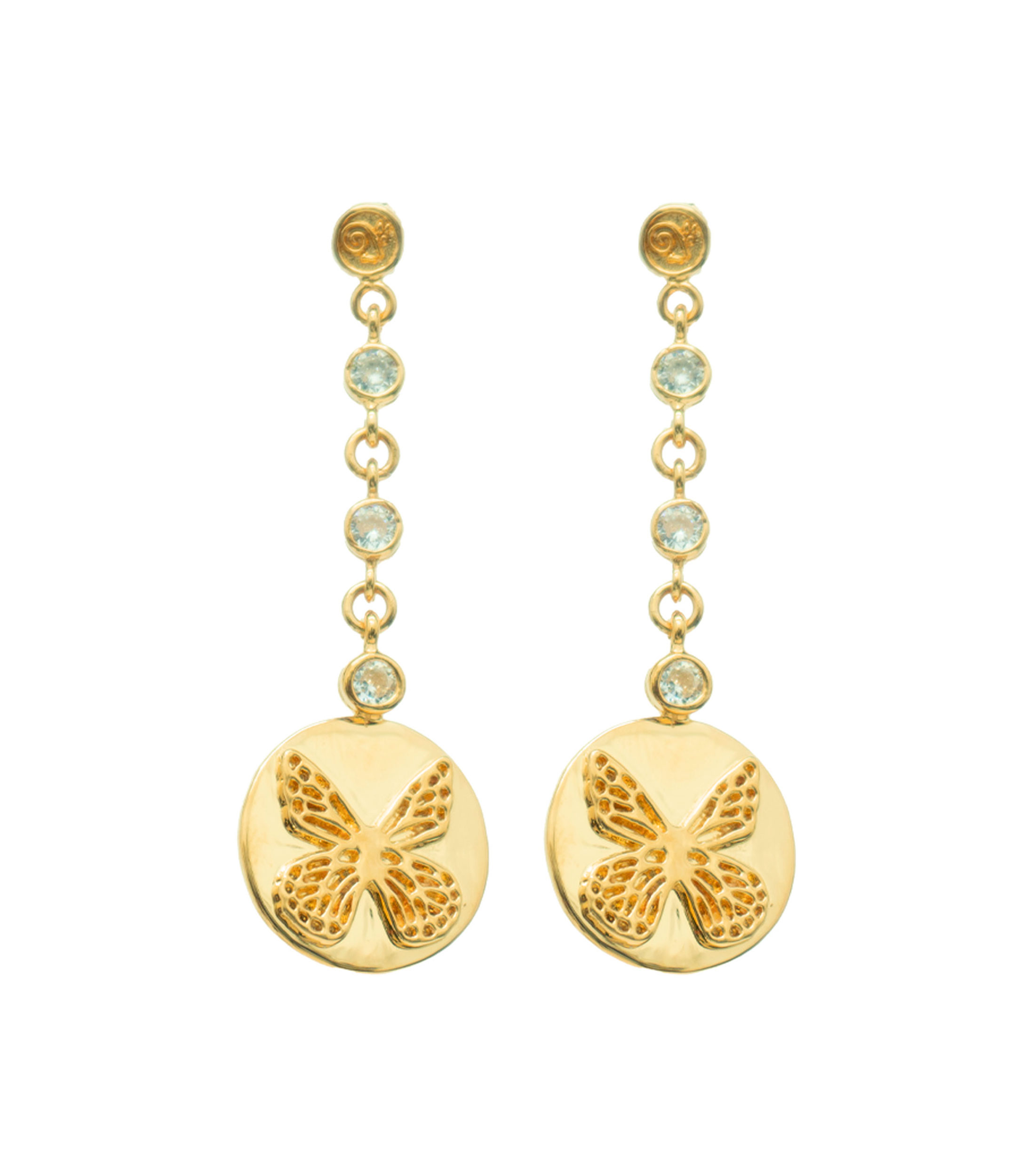 Aretes en forma de moneda con mariposa monarca grabada y zirconias Mujer