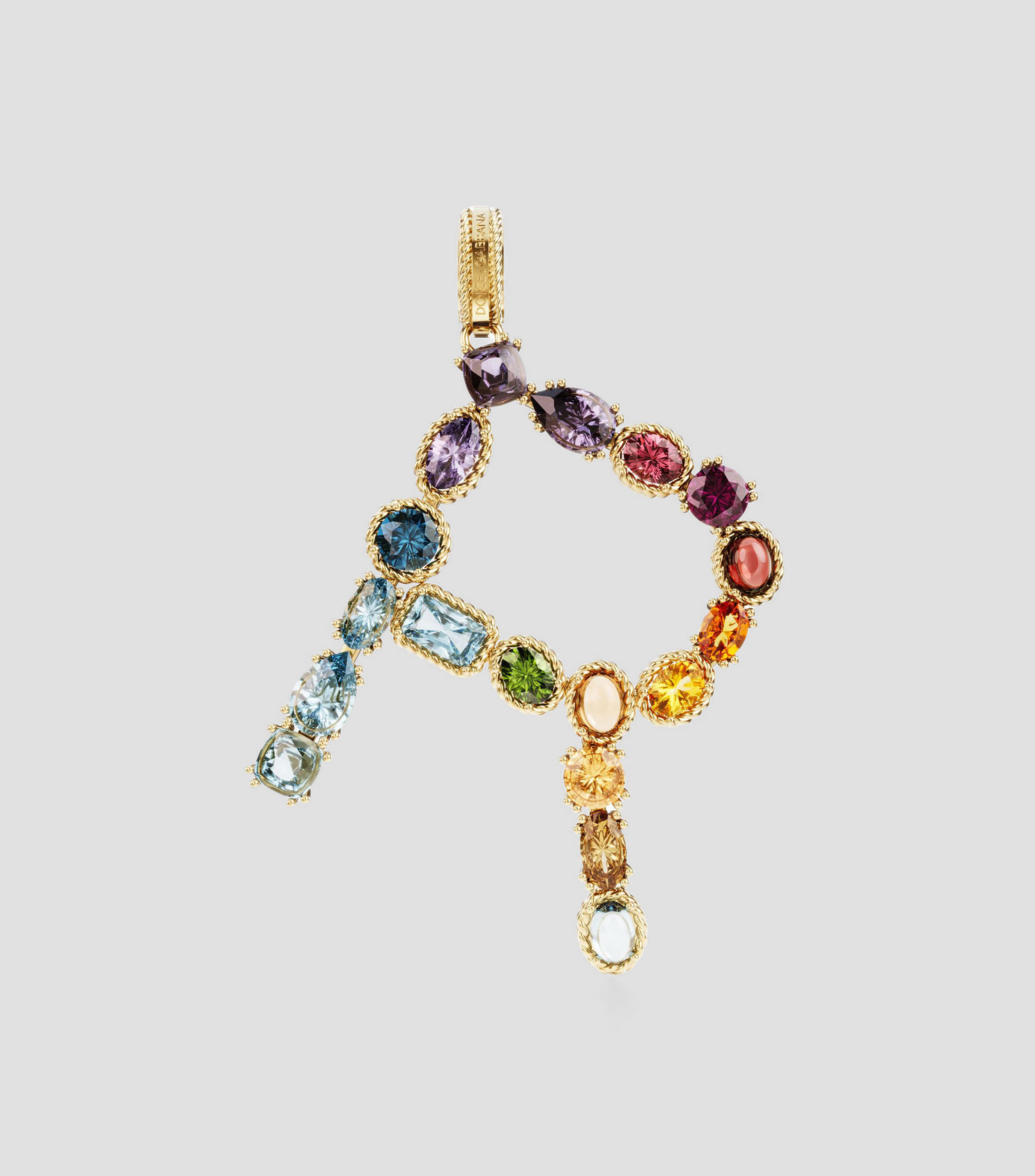 Charm en forma de letra R en Oro de 18 Kilates con gemas naturales multicolores Alphabet Rainbow Mujer
