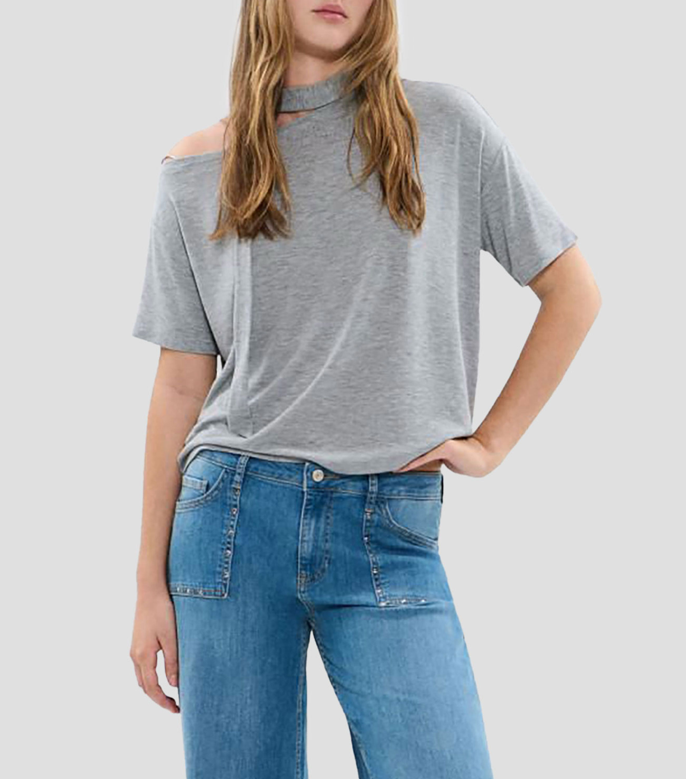 Playera de cuello asimétrico manga corta y diseño jaspeado Mujer