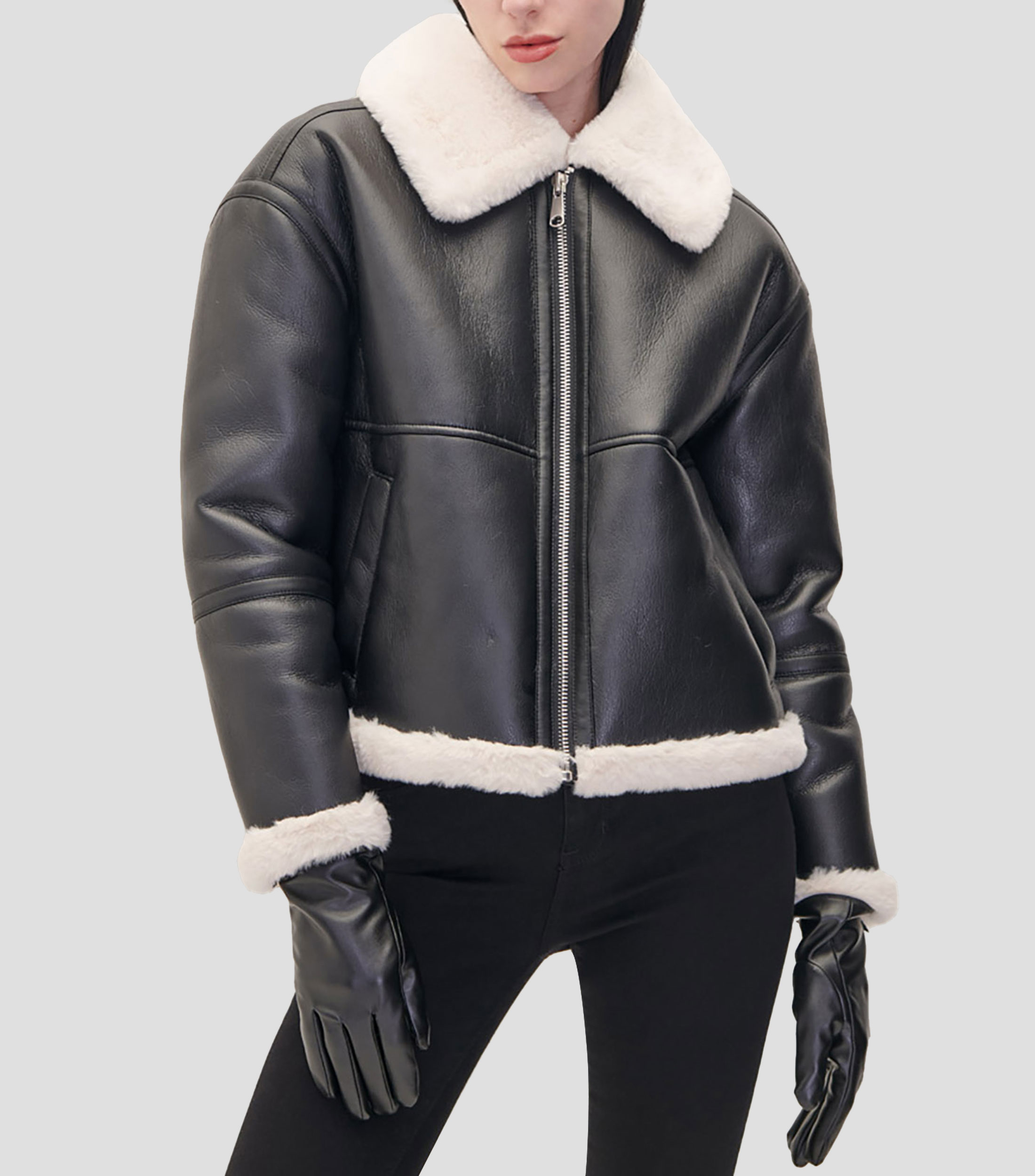 Julio: Chamarra Negra Vinipiel Shearling Biker Aviador Mujer El