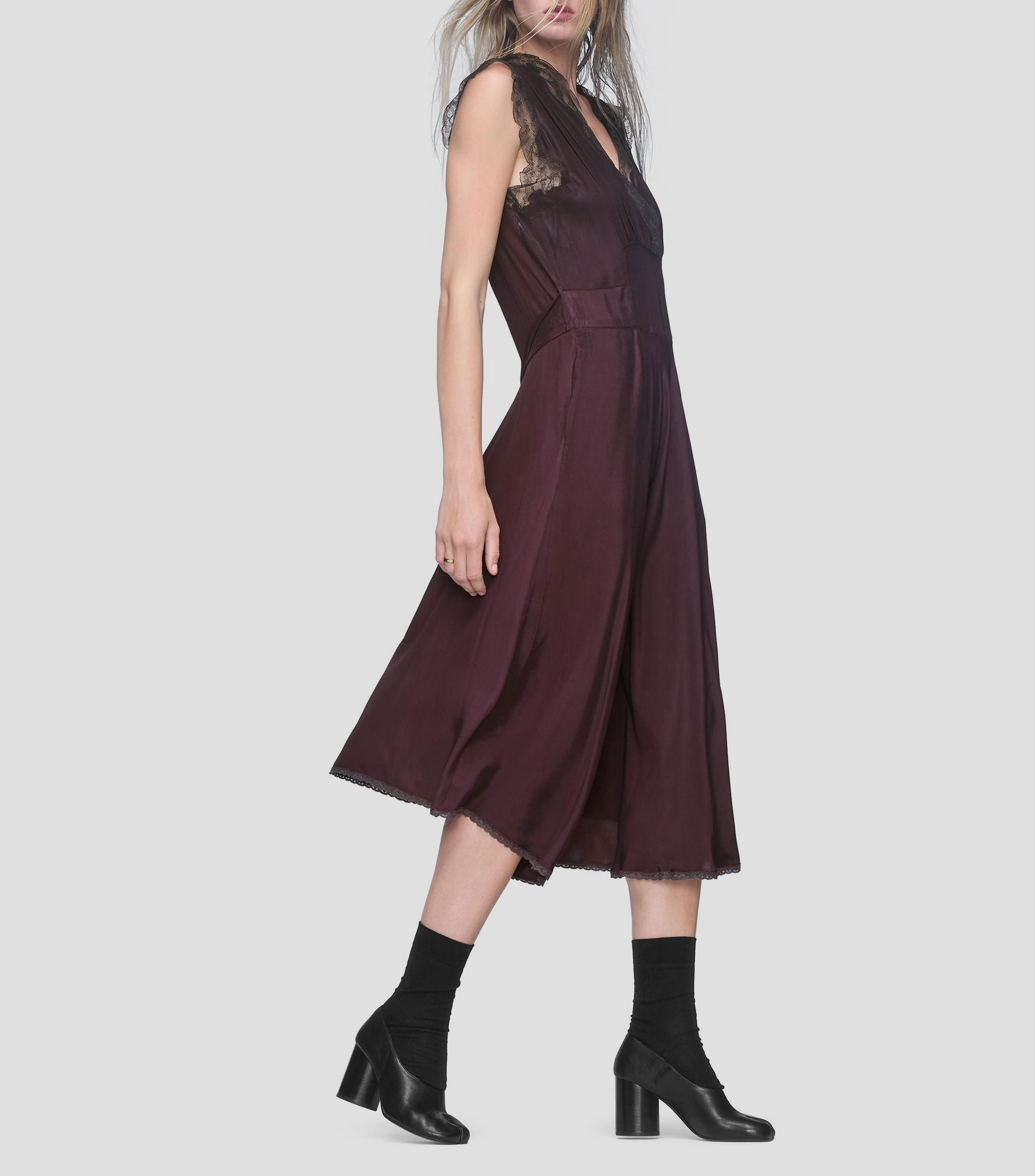 Vestido midi de seda sin mangas con diseño liso y encaje Mujer
