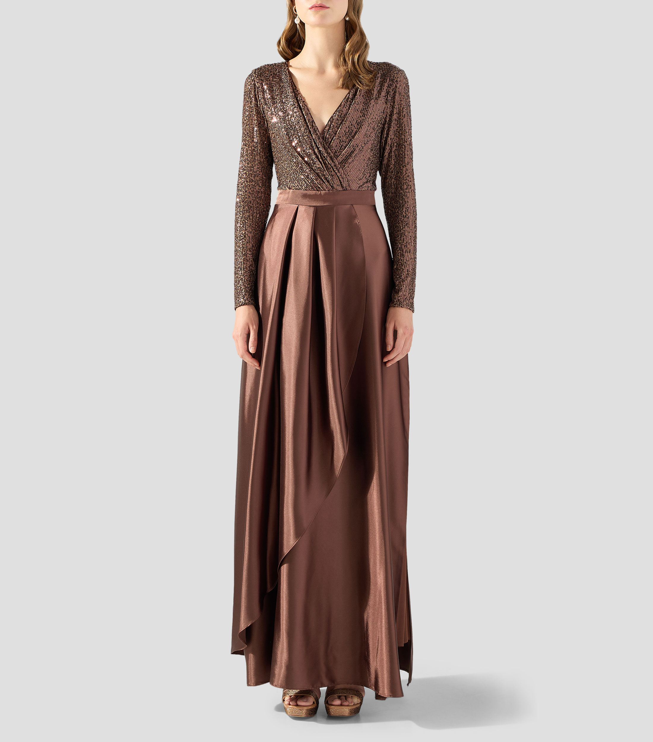 Vestido de fiesta largo con manga larga y lentejuelas Mujer