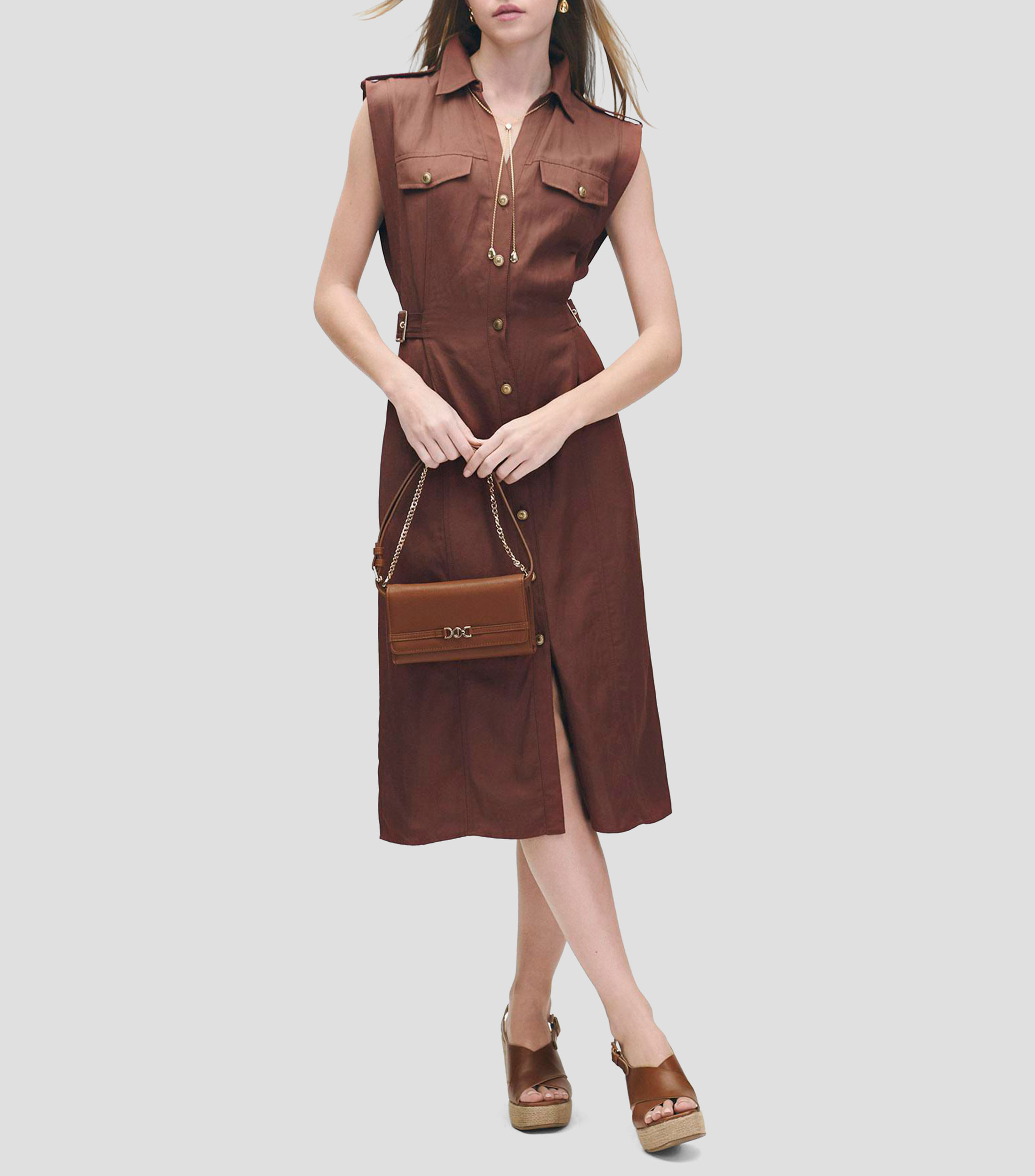 Vestido midi camisero marrón de lino hebillas en cintura Mujer