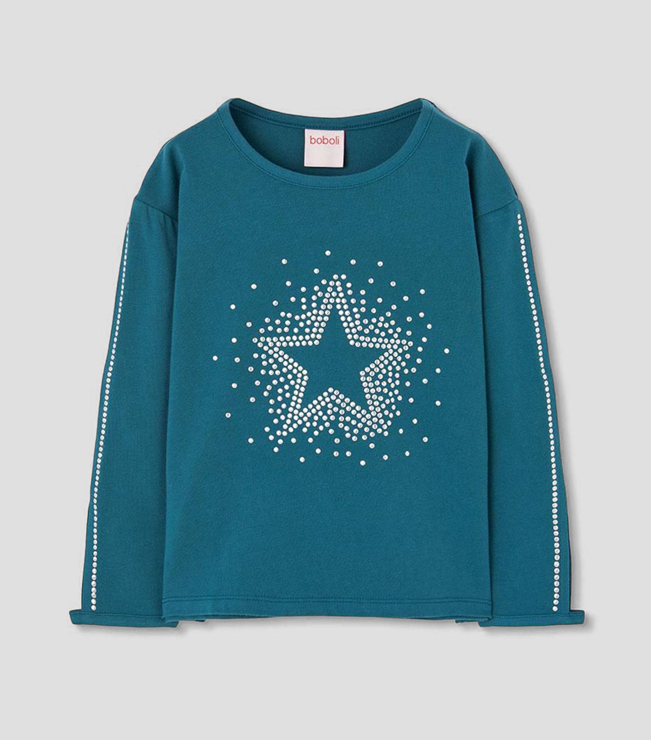 Playera de cuello redondo con manga larga y pedrería Niña