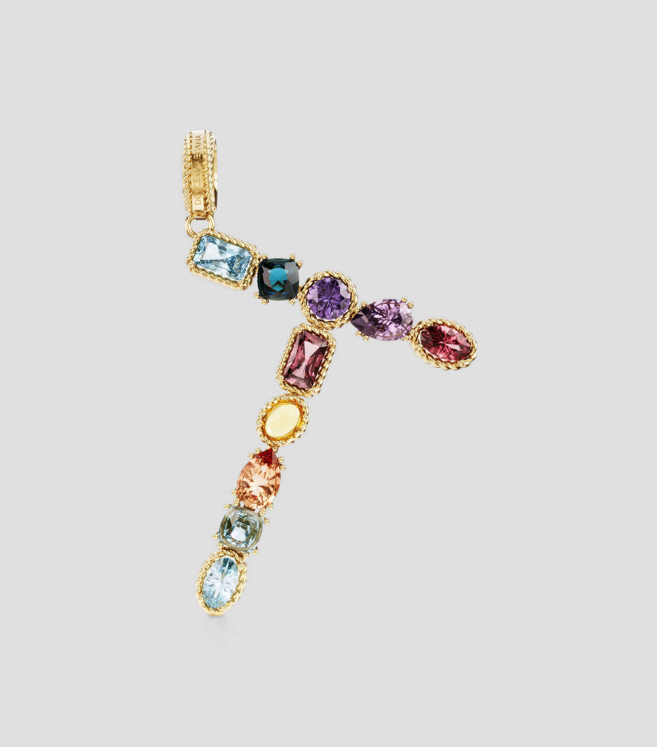 Charm en forma de letra T en Oro de 18 Kilates con gemas naturales multicolores Alphabet Rainbow Mujer