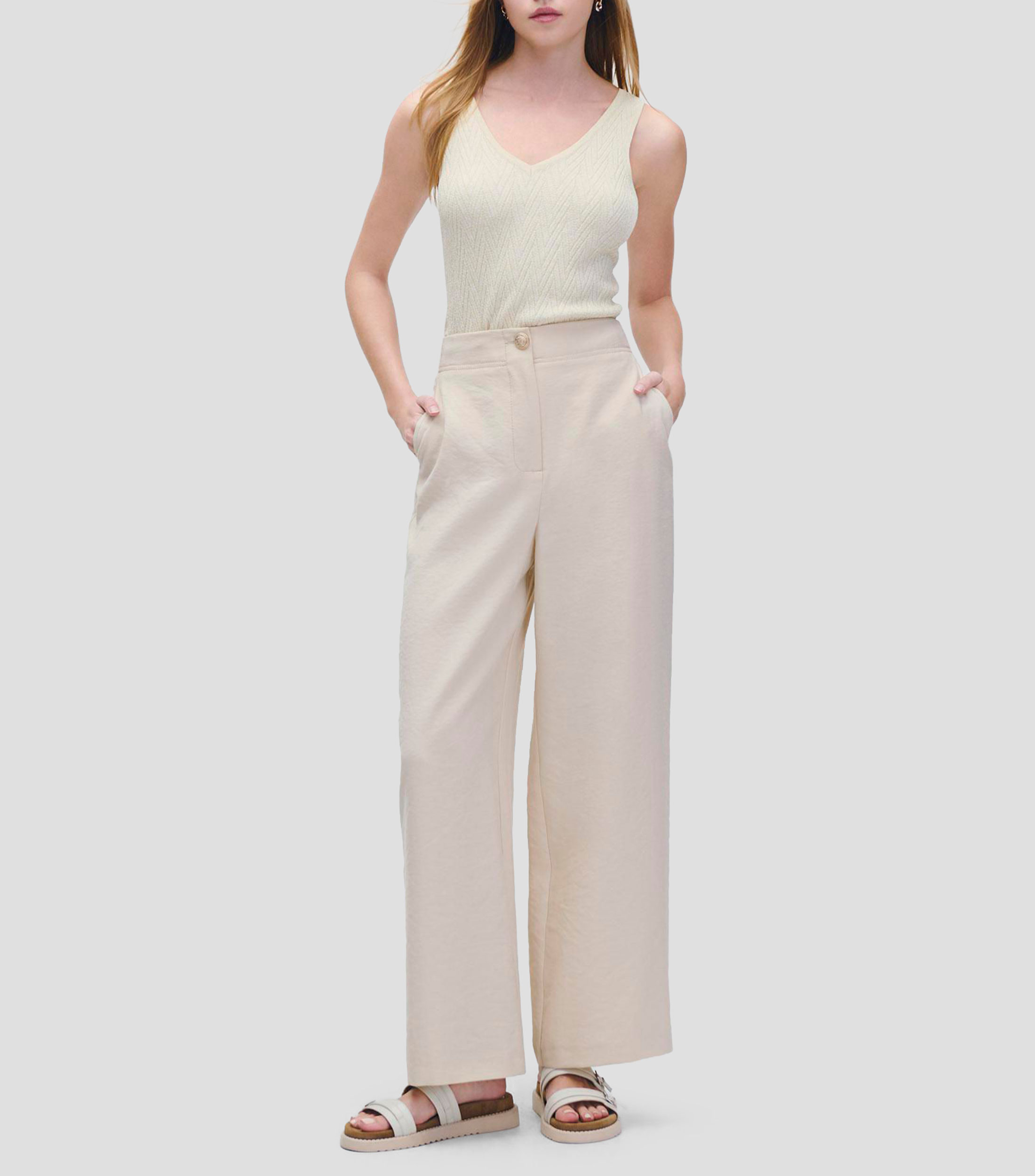 Pantalón wideleg tiro alto hueso efecto corrugado Mujer