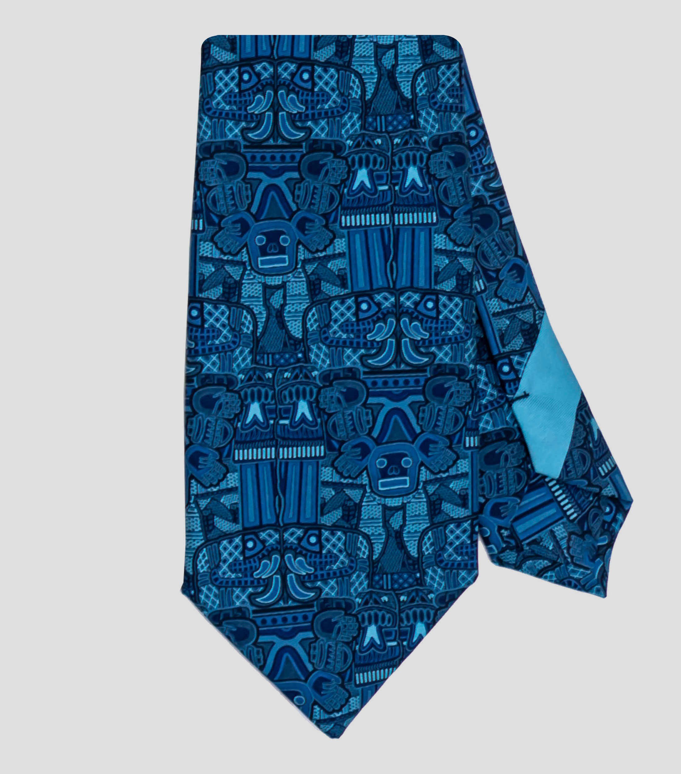 Corbata ancha de seda verde y azul con la diosa Coatlicue
