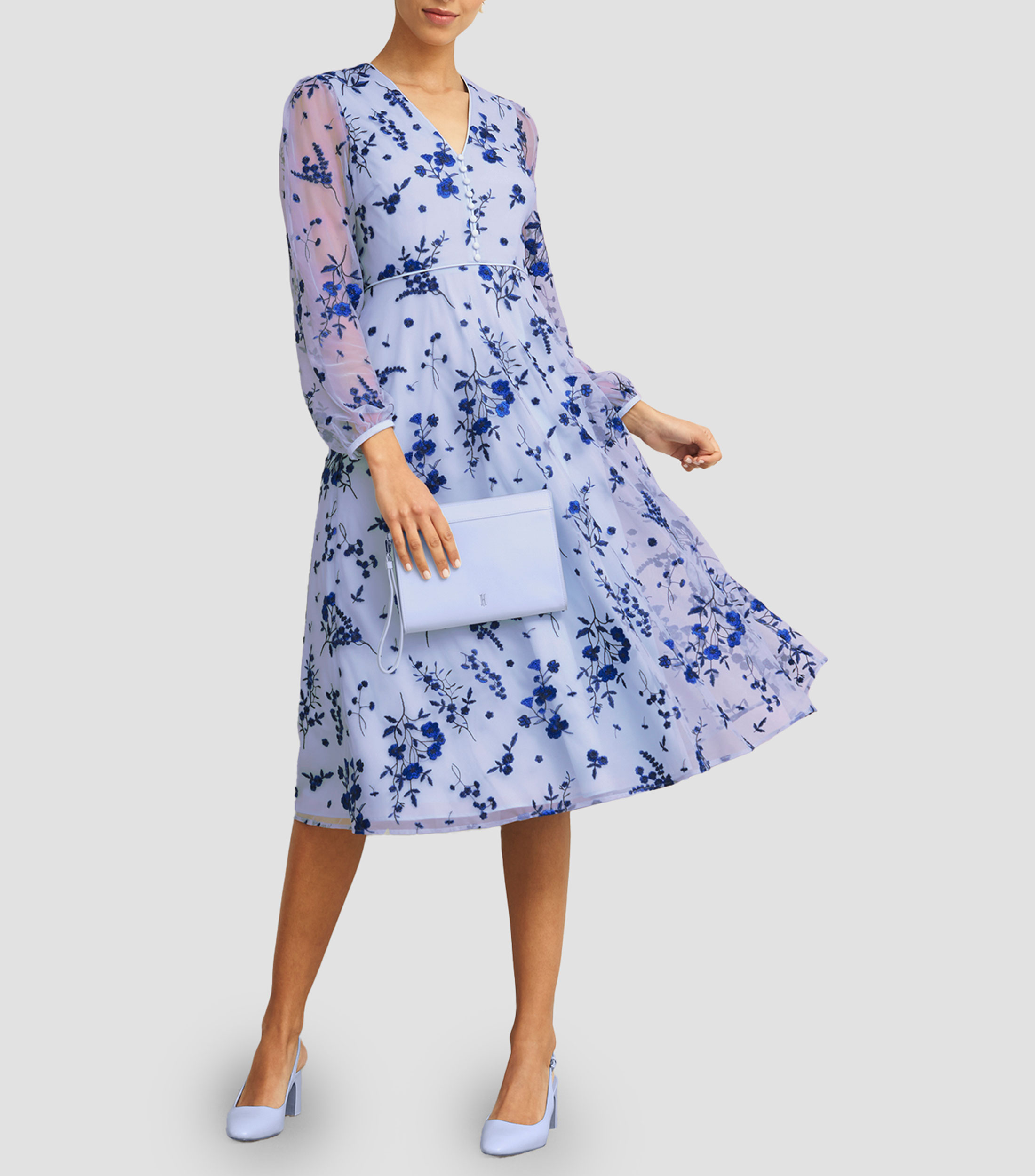 Vestido de fiesta midi manga larga con flores Mujer