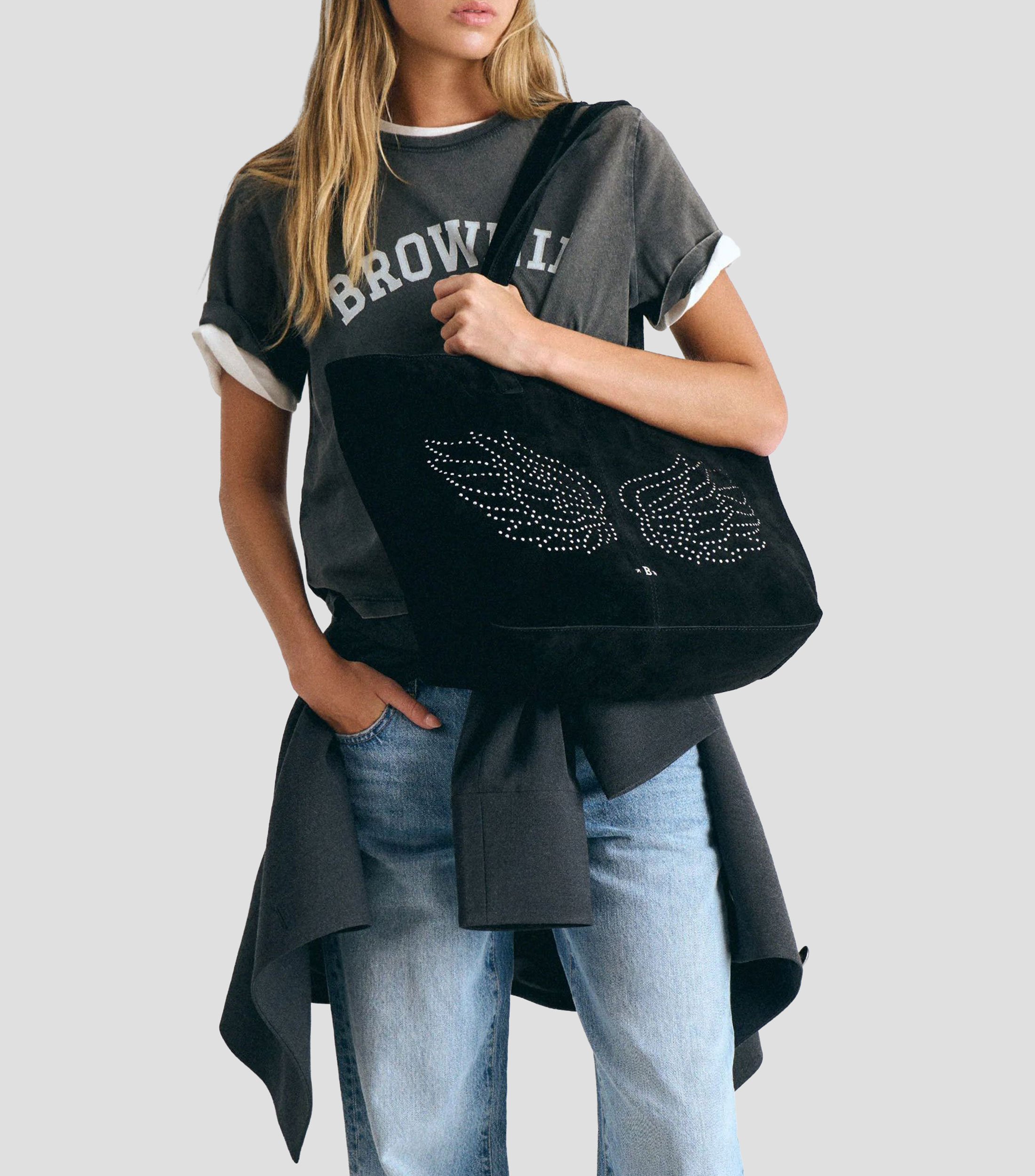 Bolsa tipo tote negra en piel lisa Mujer