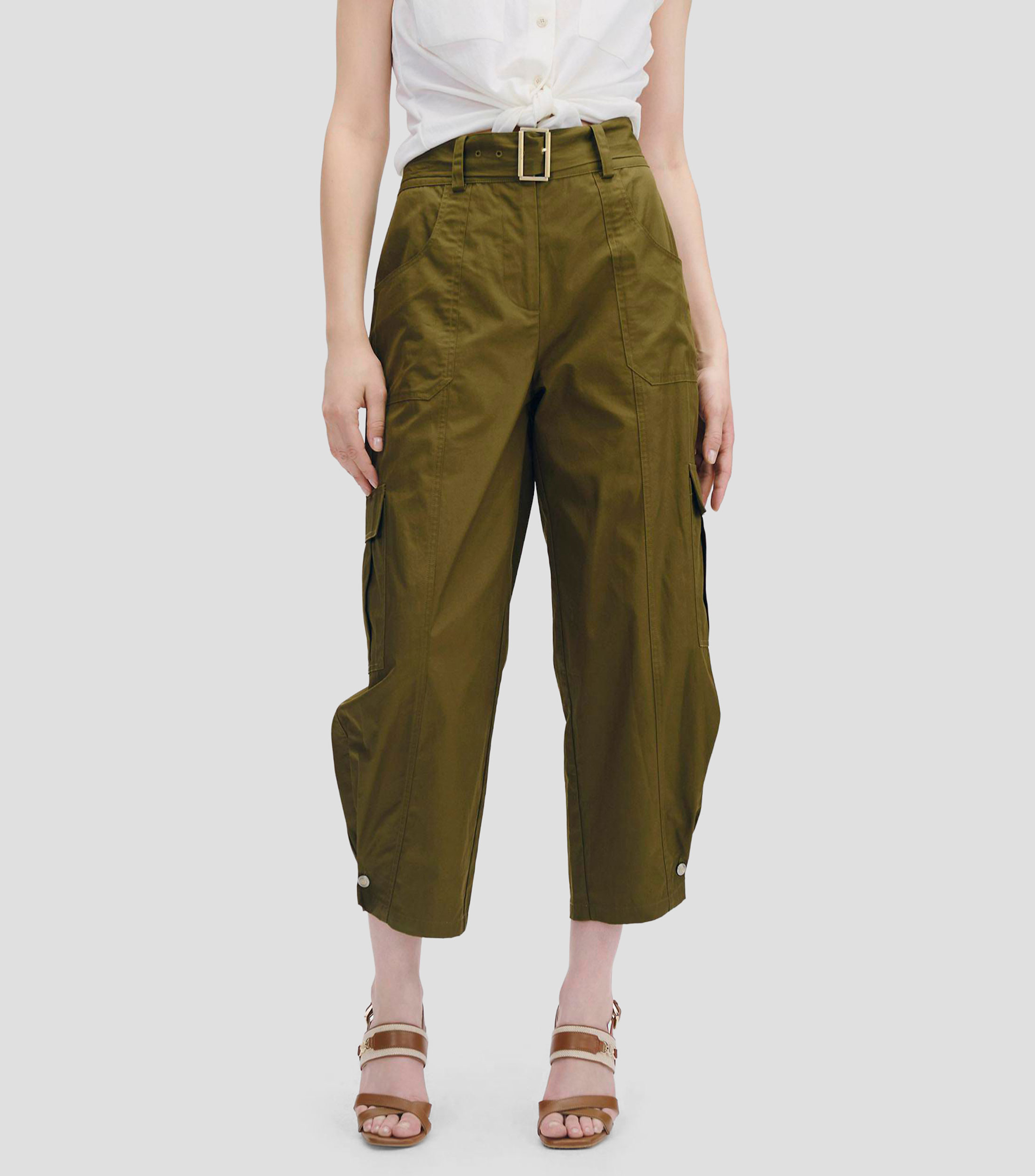 Pantalón cargo tiro alto botón ajustable con cinturón Mujer