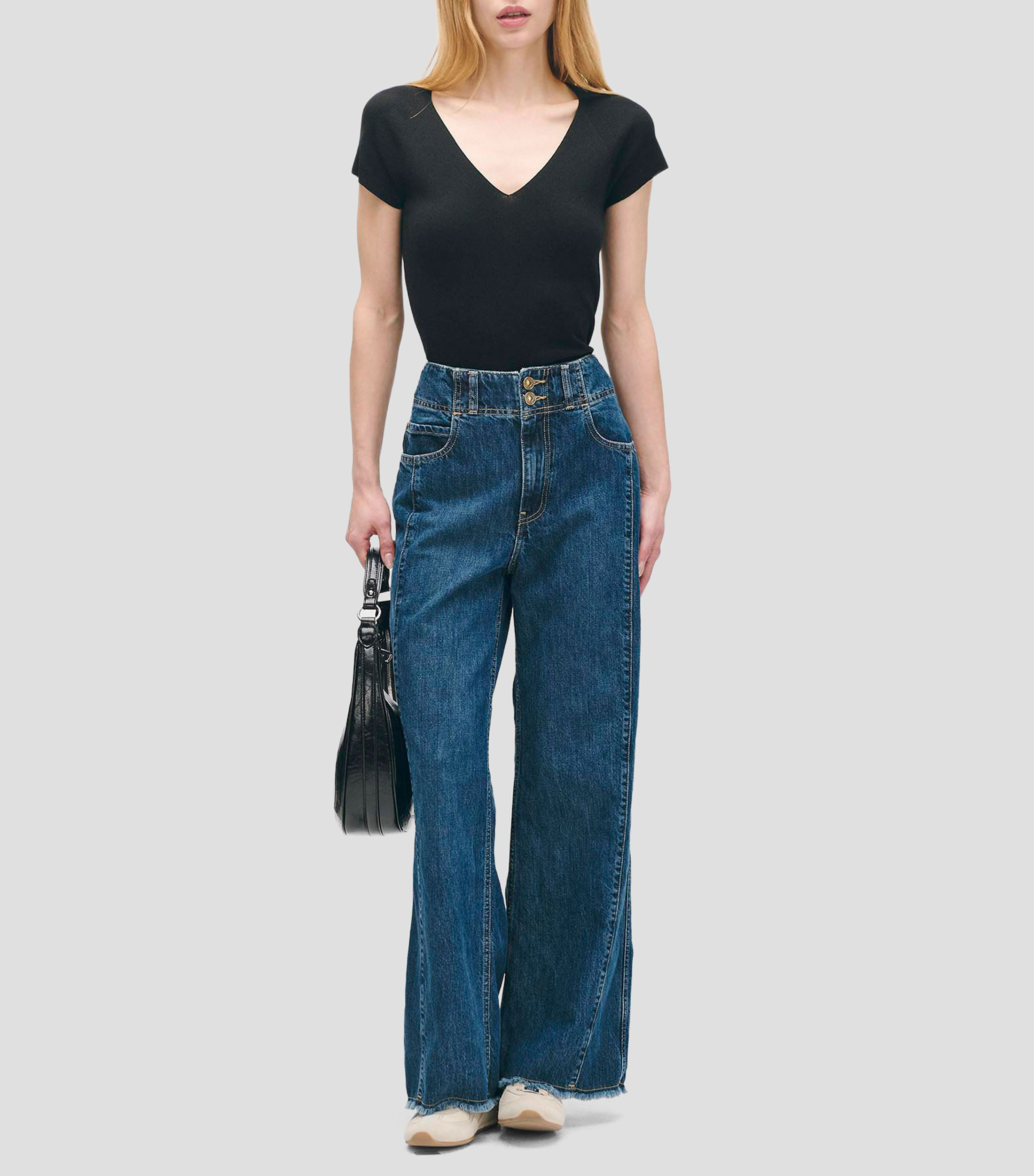 Blusa tejido canalé escote V manga corta ranglán en combinación Mujer