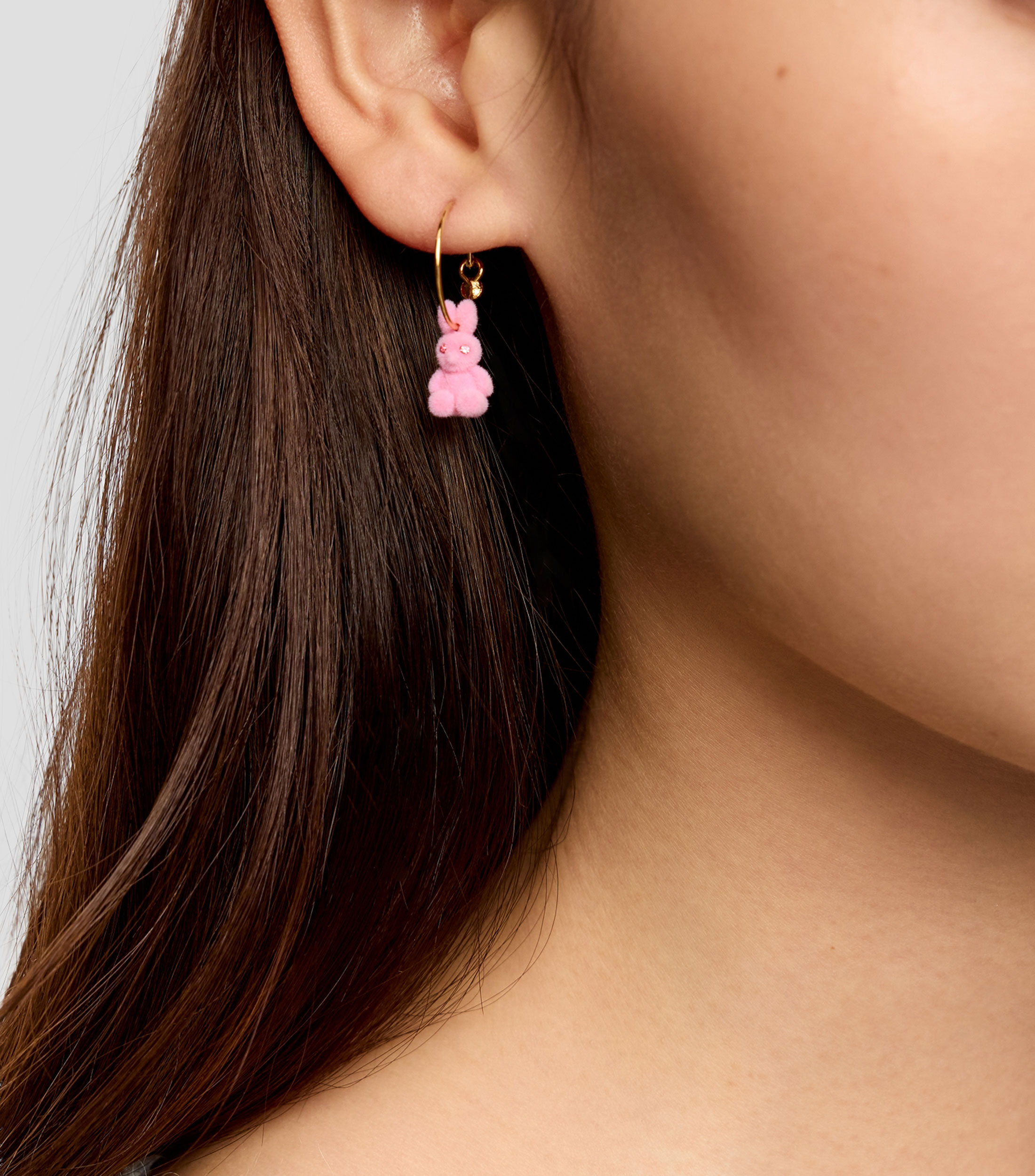 Pendientes aro pequeño conejo flocado rosa Mujer