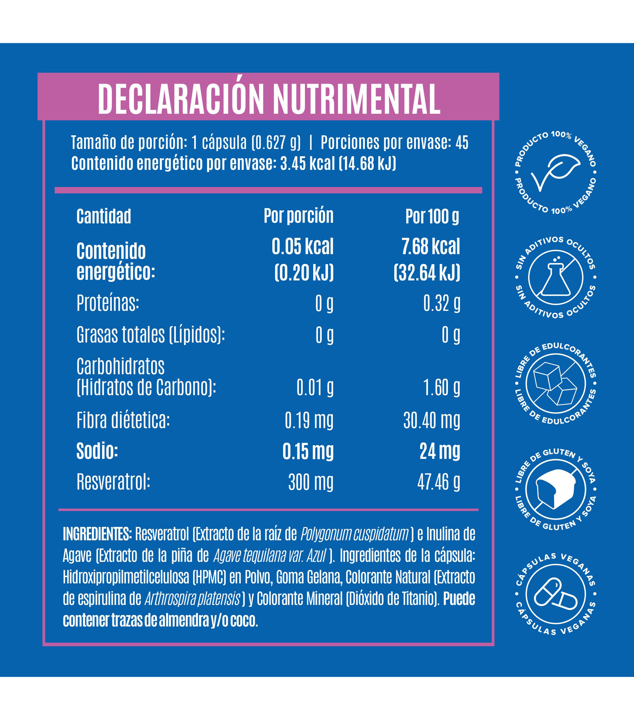 Suplemento Alimenticio Resveratrol, 45 Cápsulas