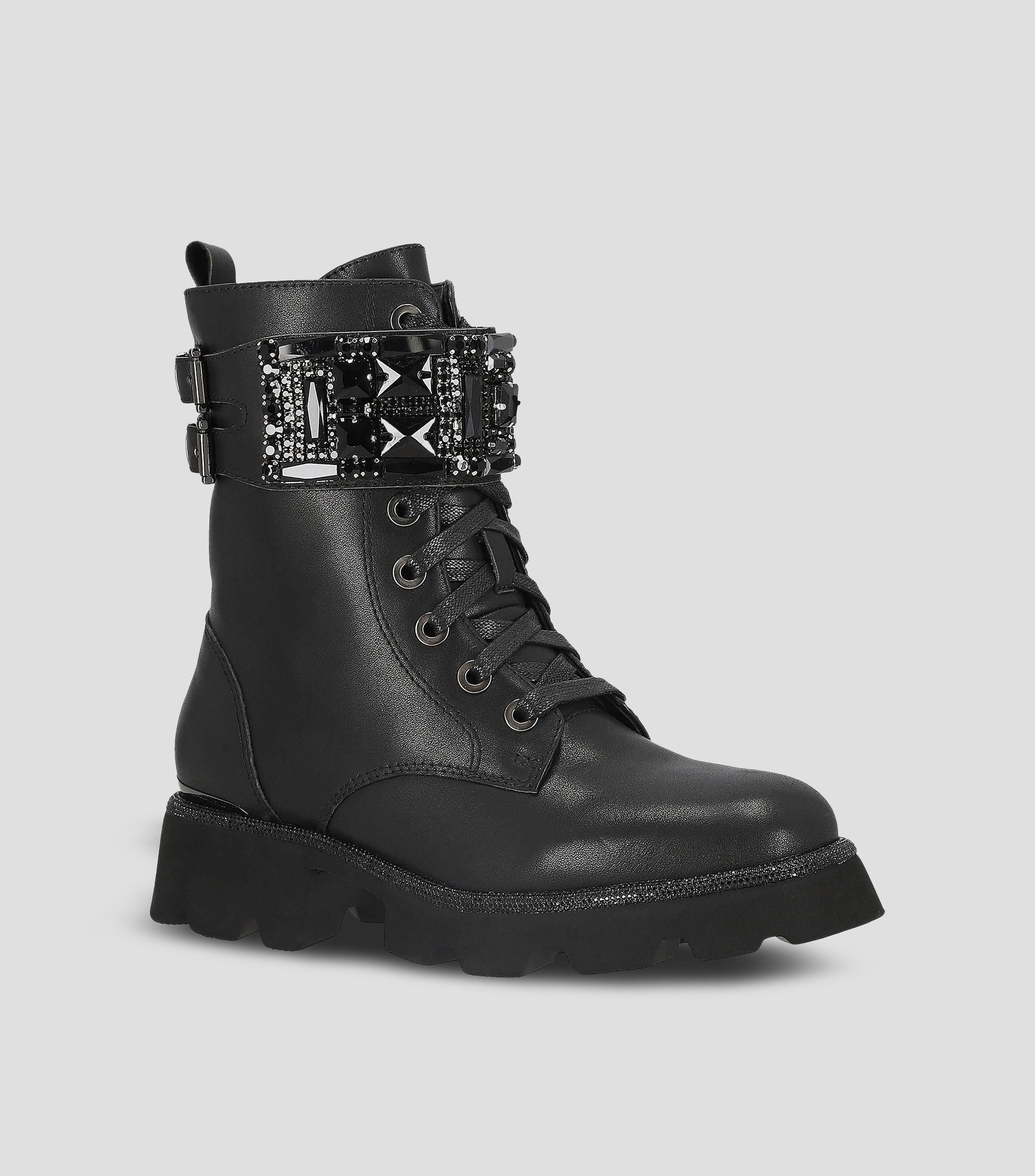 Botines combat en piel con tacón bajo de 4 cm ancho Mujer