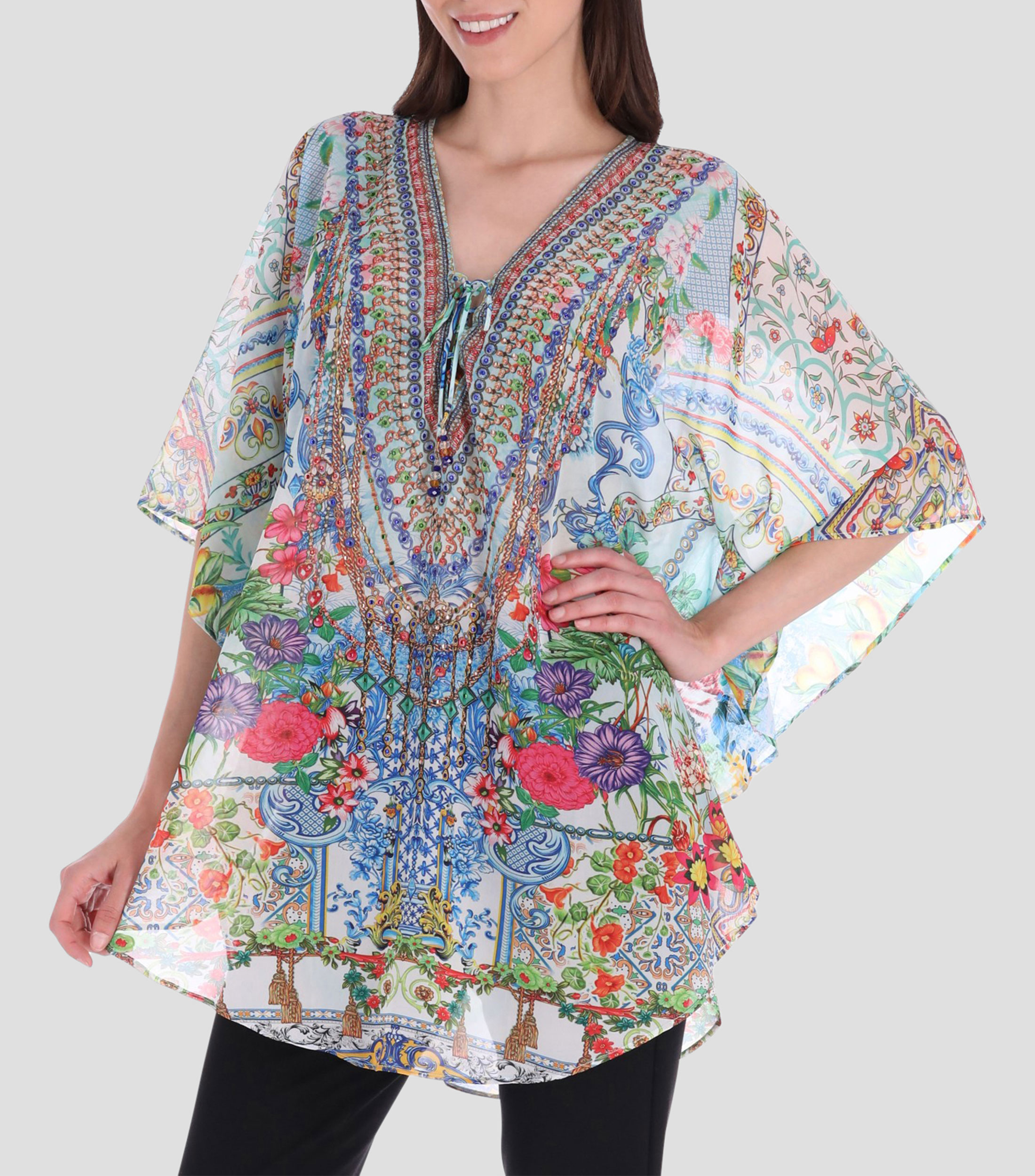 Blusa tipo tunica con estampado manga 3,4 Mujer