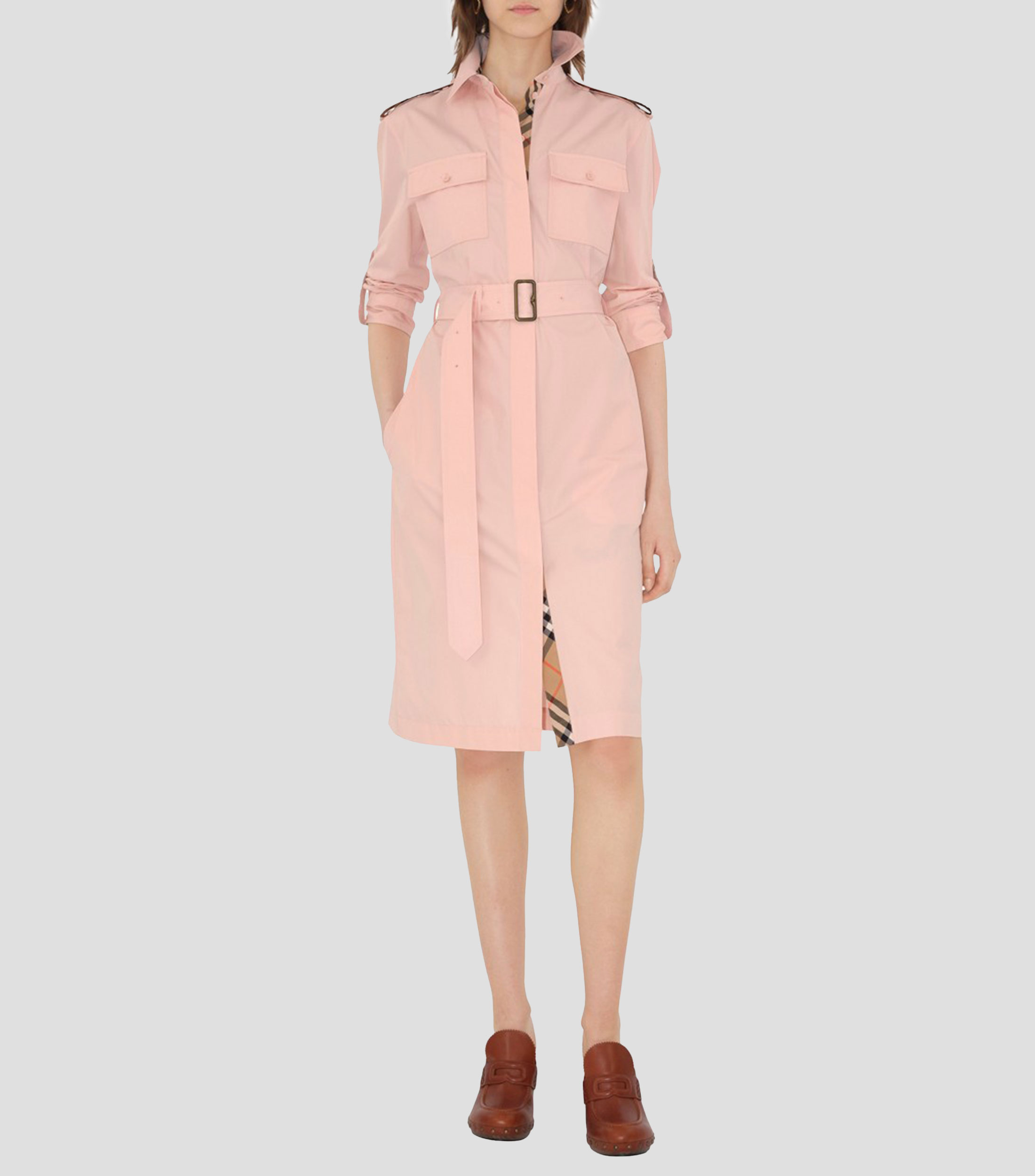 Vestido midi de manga larga camisero Mujer
