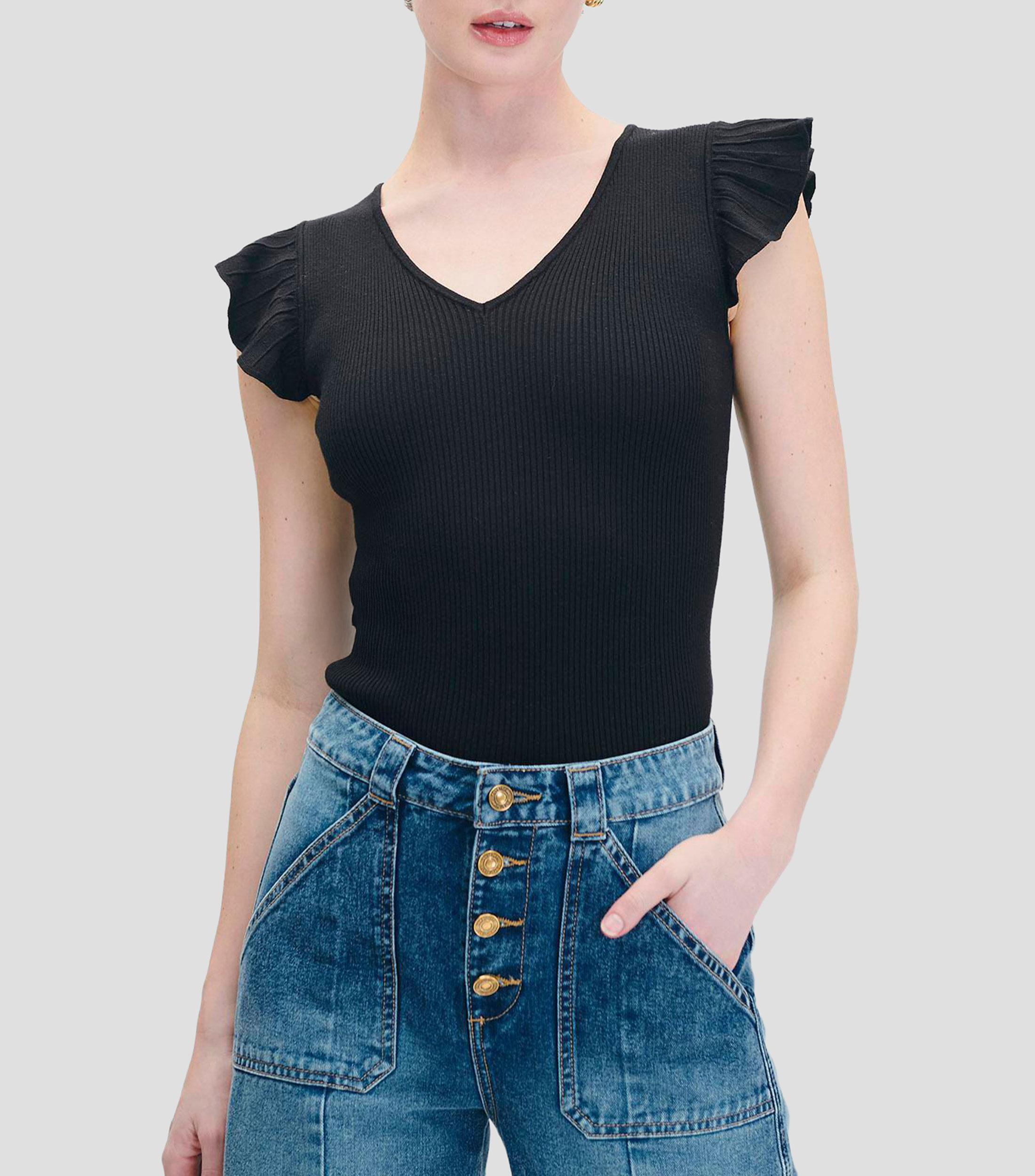 Blusa tejido canalé escote V manga escarola Mujer