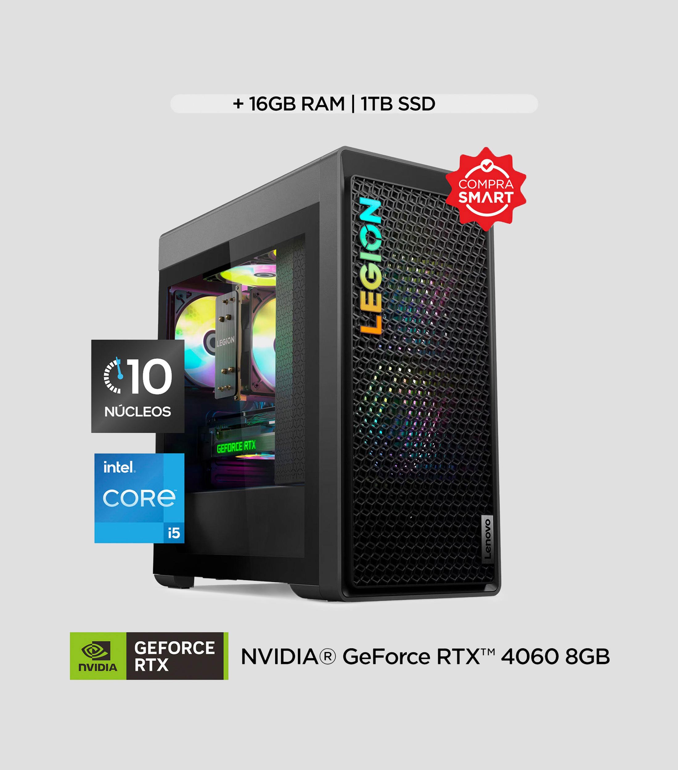 Torre Gaming Lenovo Legion, Intel Core i5-14400F, 16 GB RAM,1 TB SSD, GeForce RTX 4060 8 GB, Windows 11 Home