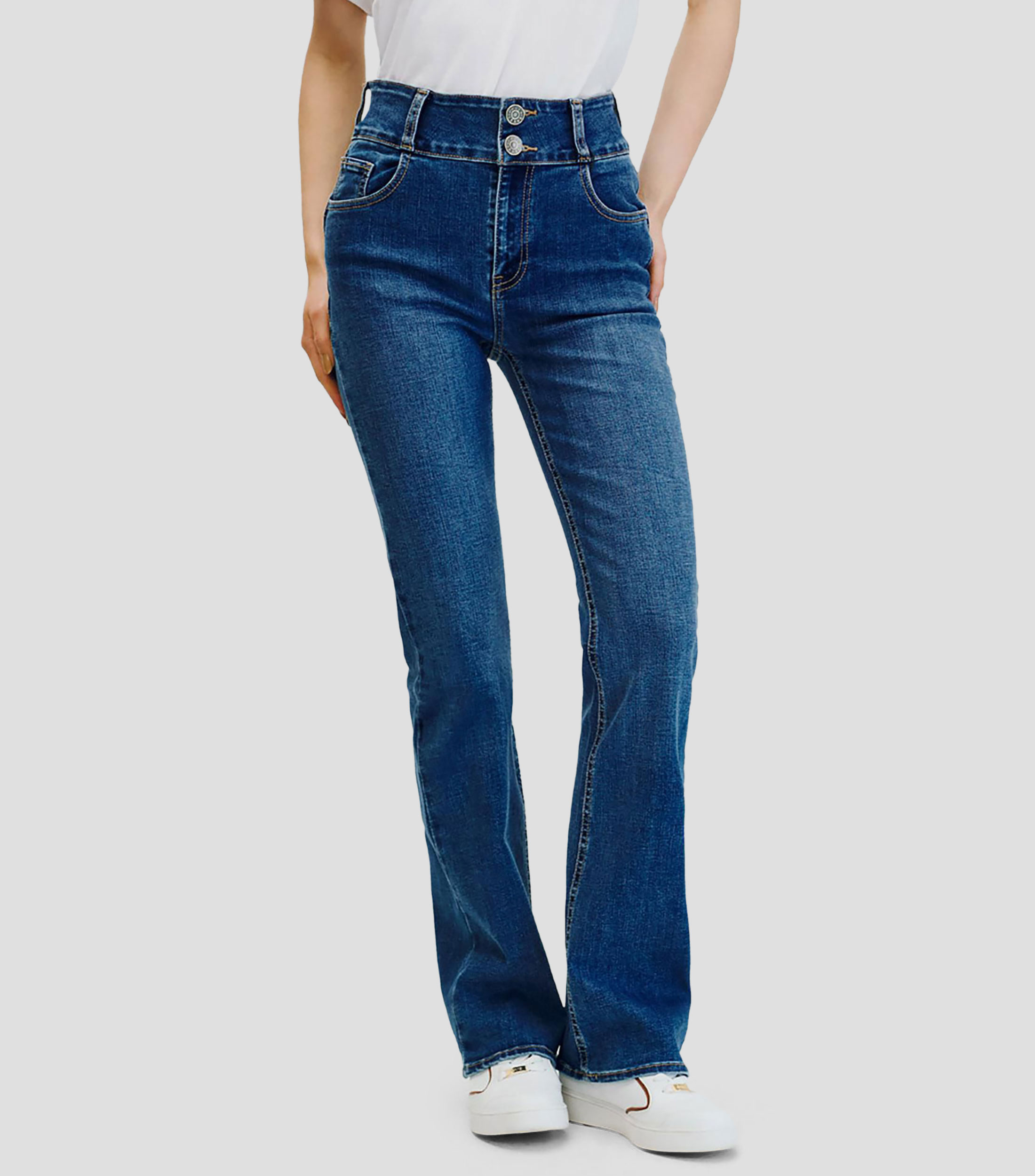 Jeans Acampanados Tiro Alto Azul Medio Pretina Mujer