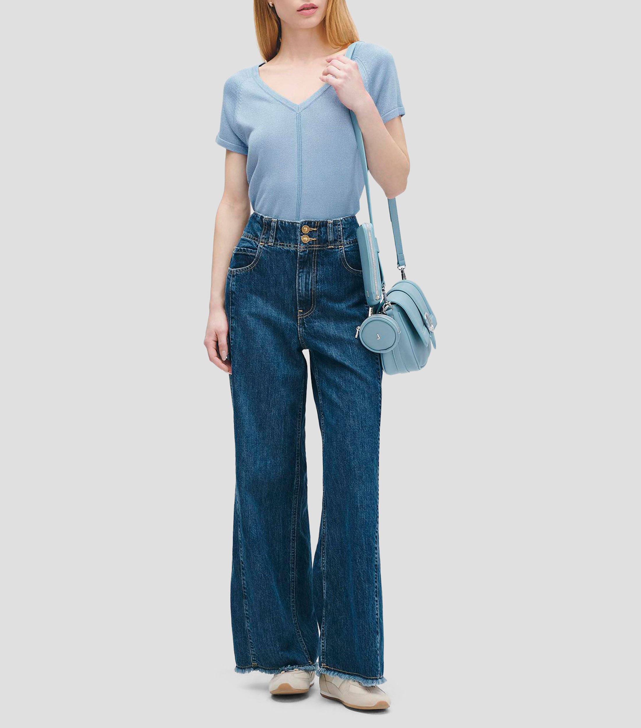Blusa Tejido Combinado Azul Azulino con Lúrex Escote V Mujer