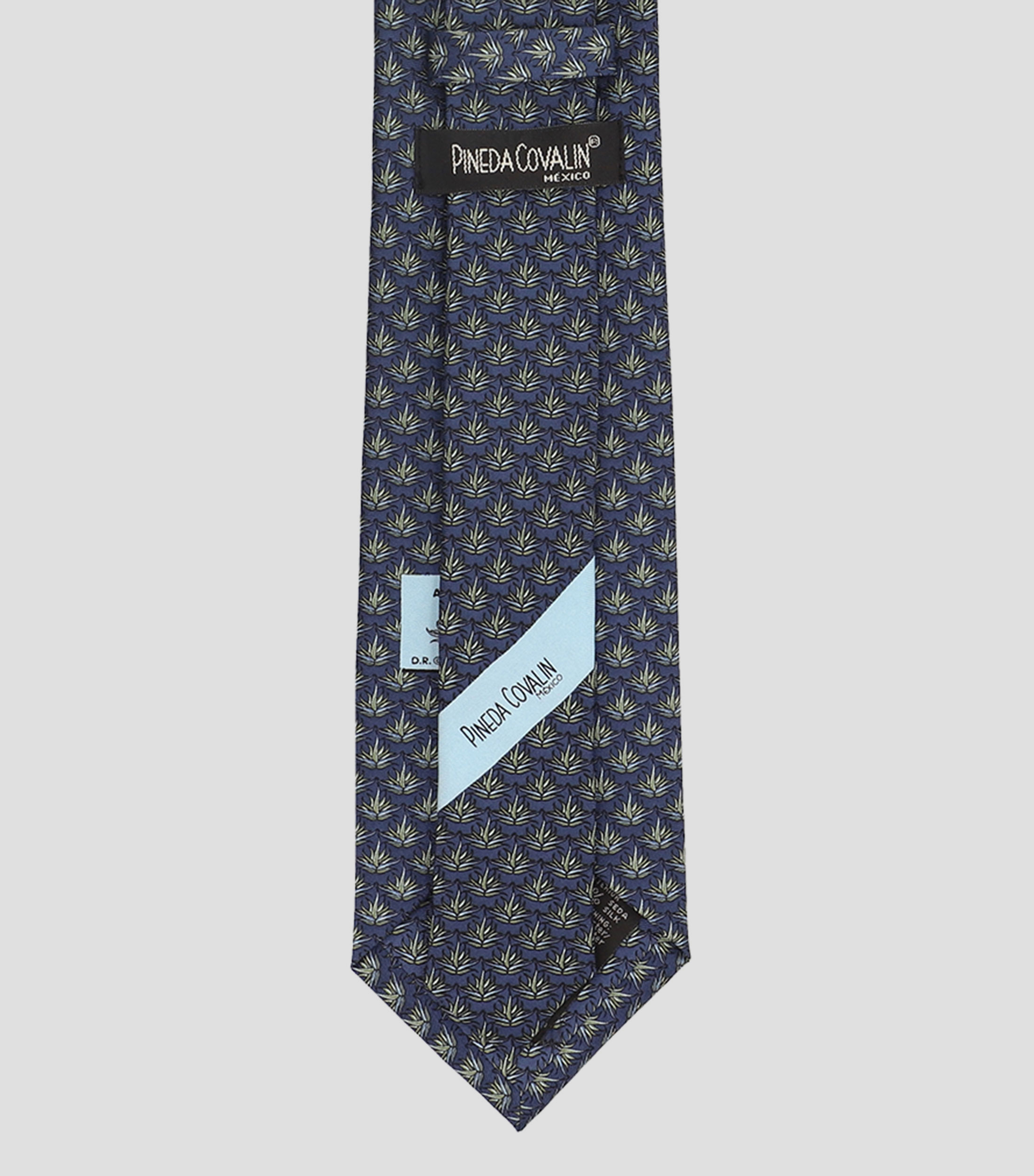 Corbata ancha de seda azul con agaves