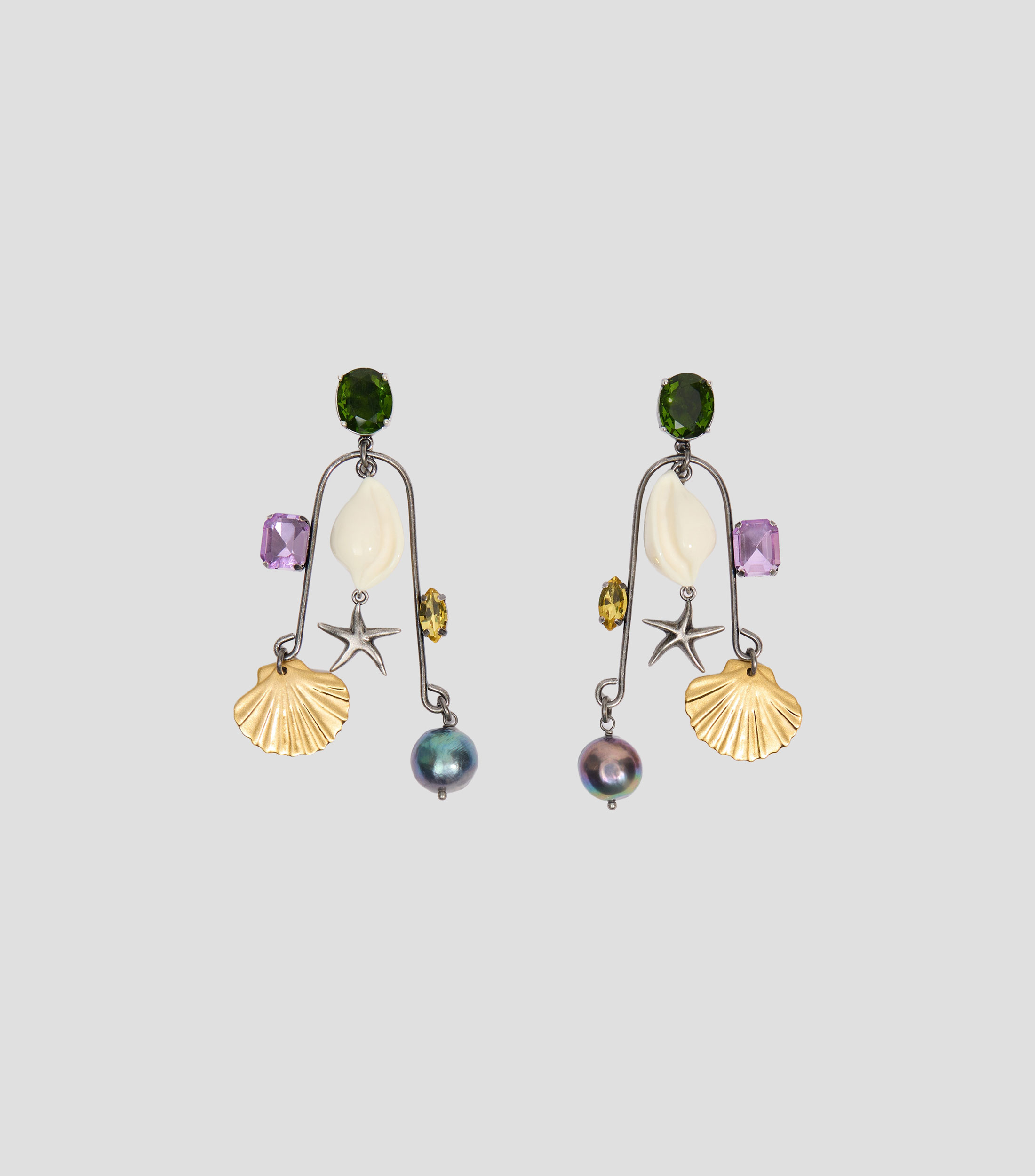 Aretes conchas y cristales plateado envejecido Mujer