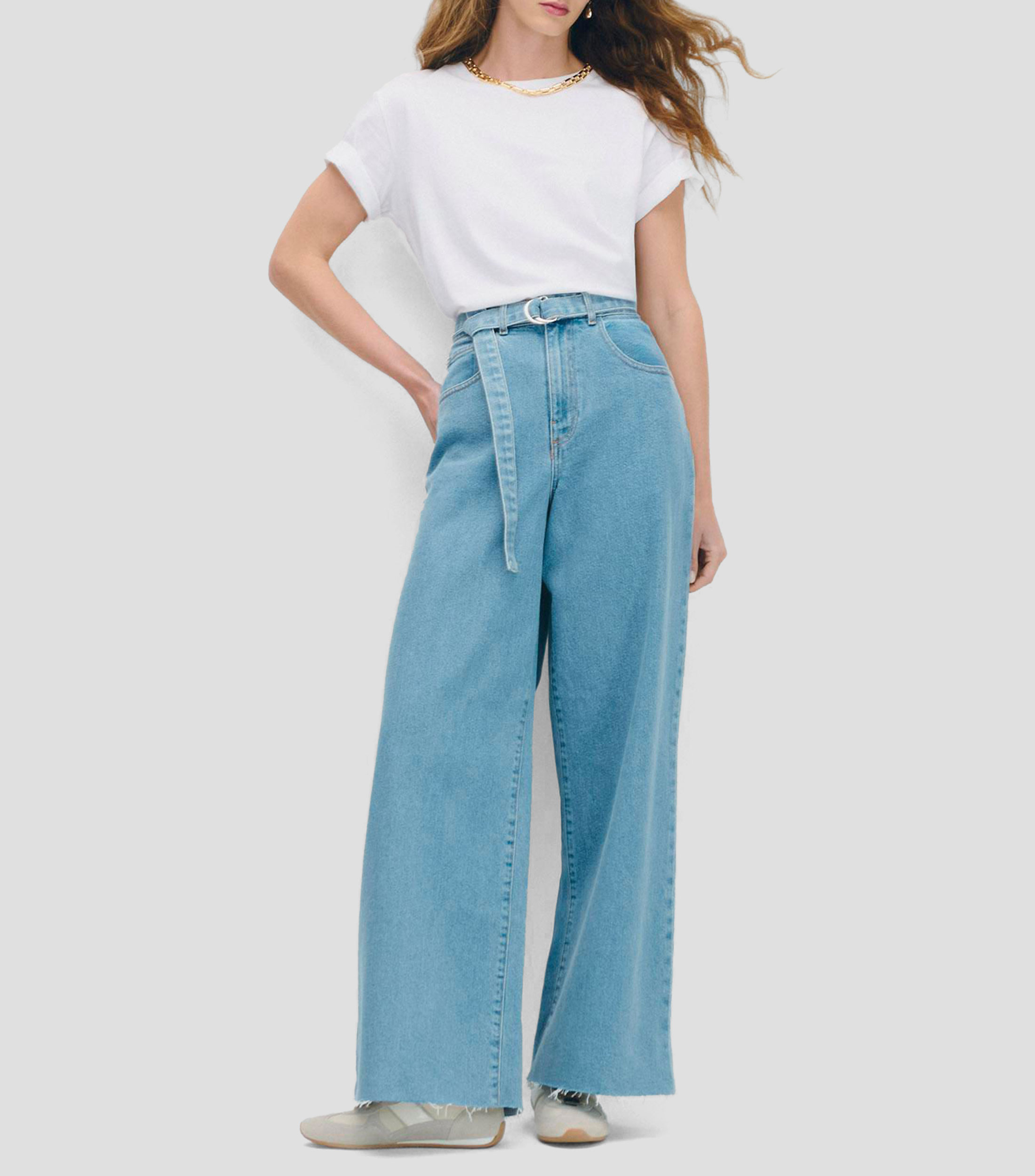 Jeans wideleg deshilado con banda Mujer