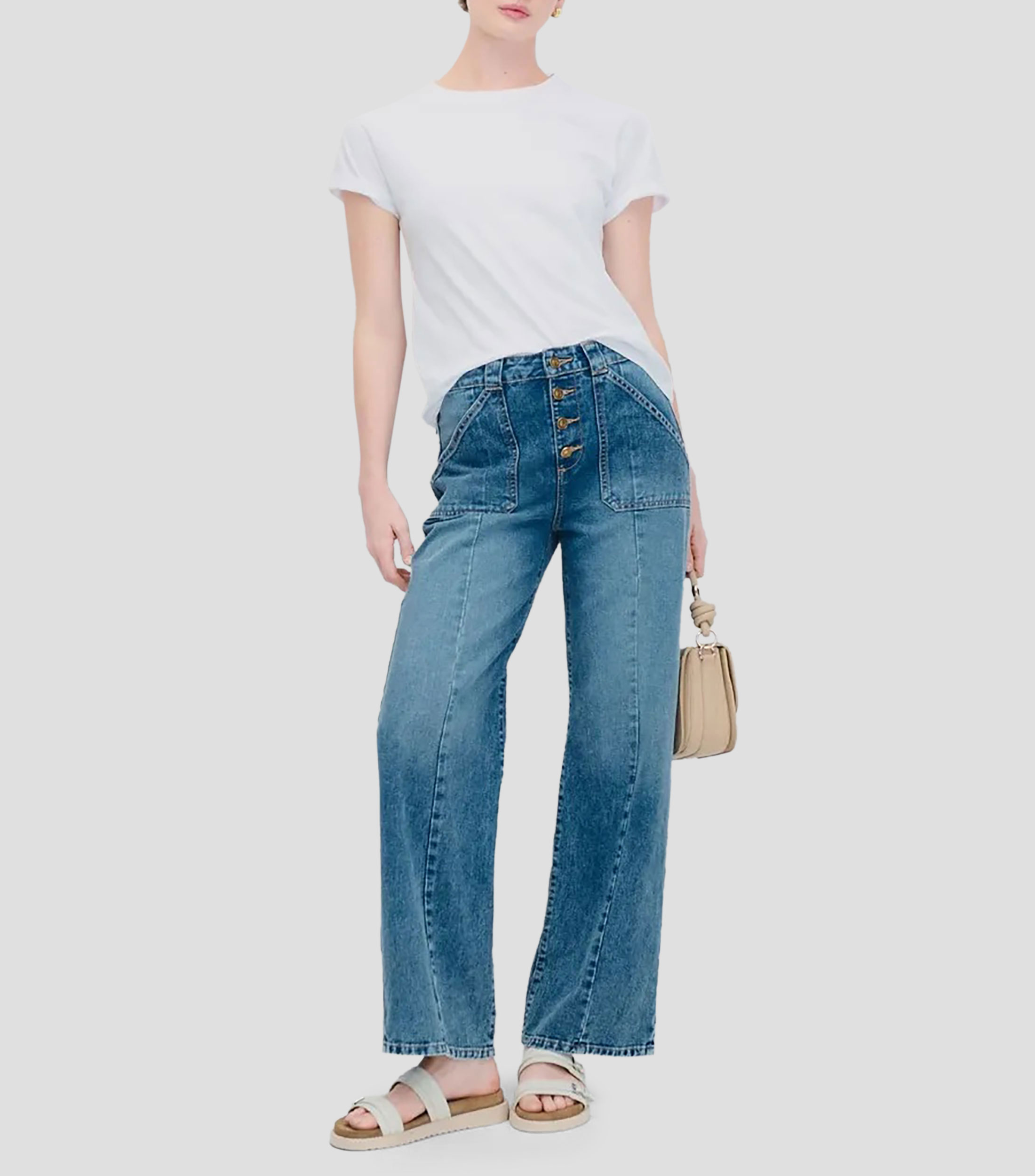 Jeans Wide Leg Tiro Alto Botones Y Maxibolsillos Mujer