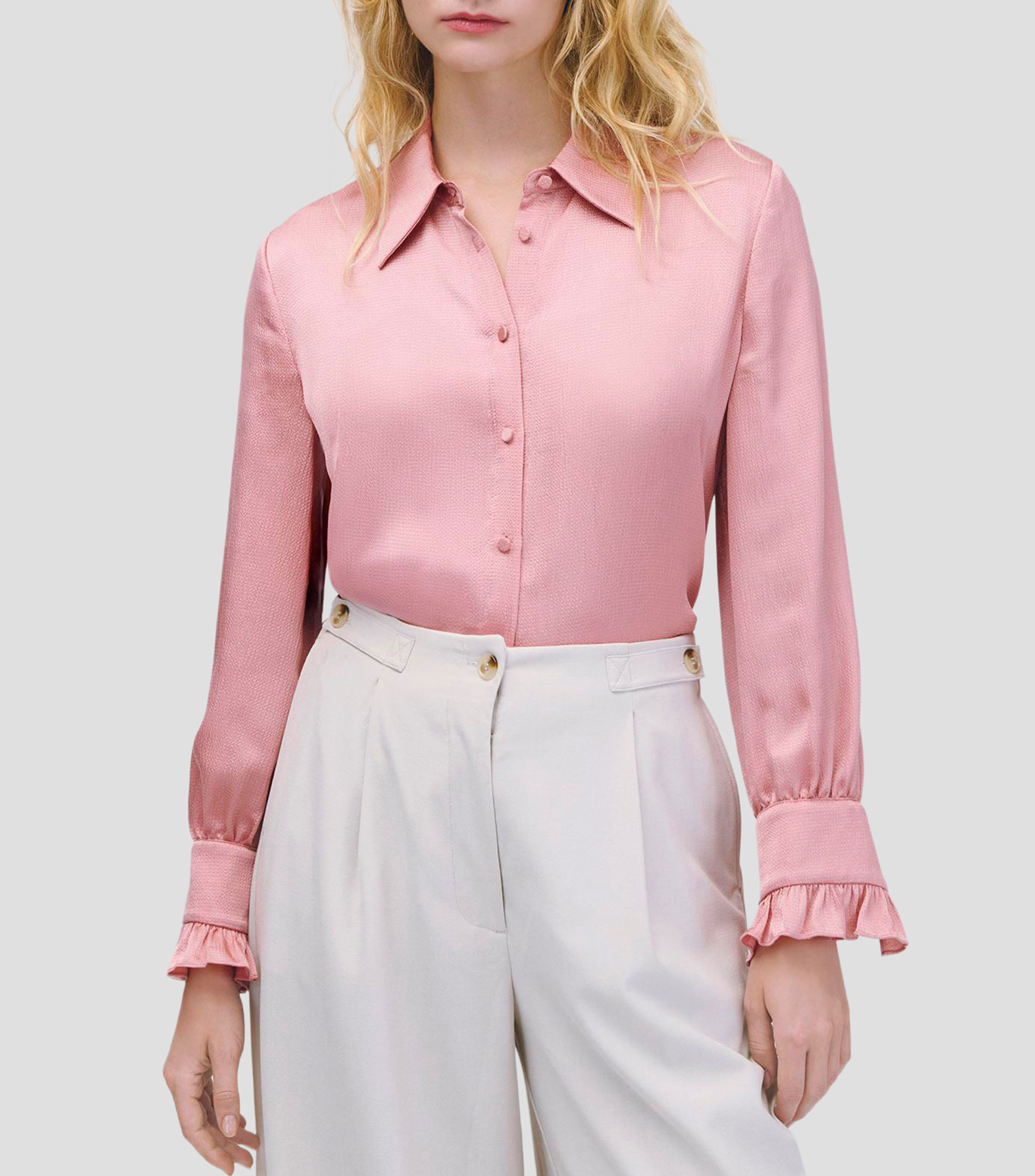 Blusa camisera satín con textura palo de rosa puño escarola Mujer