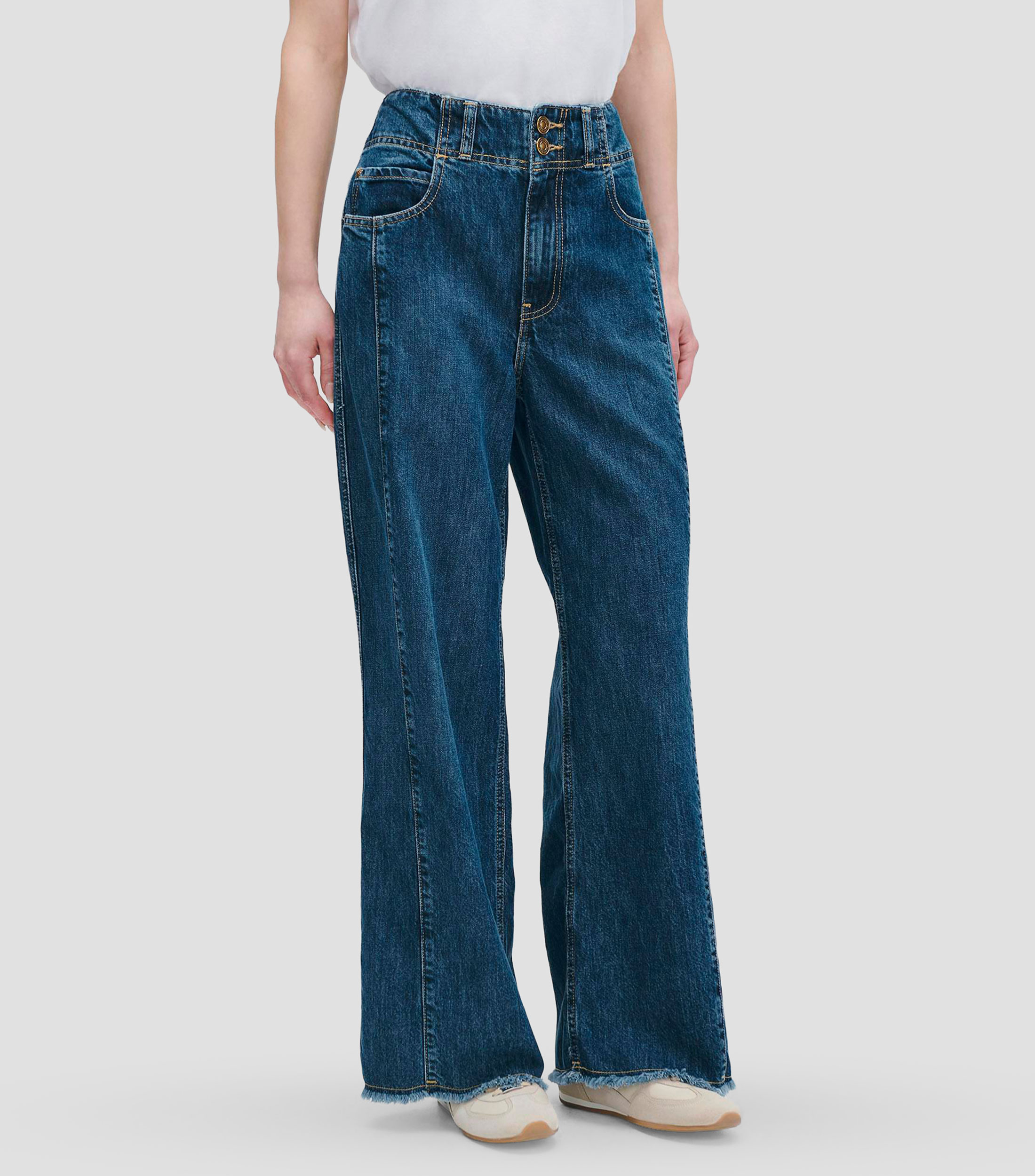 Jeans Wide Leg Tiro Alto Azul Oscuro Doble Pretina Deshilado