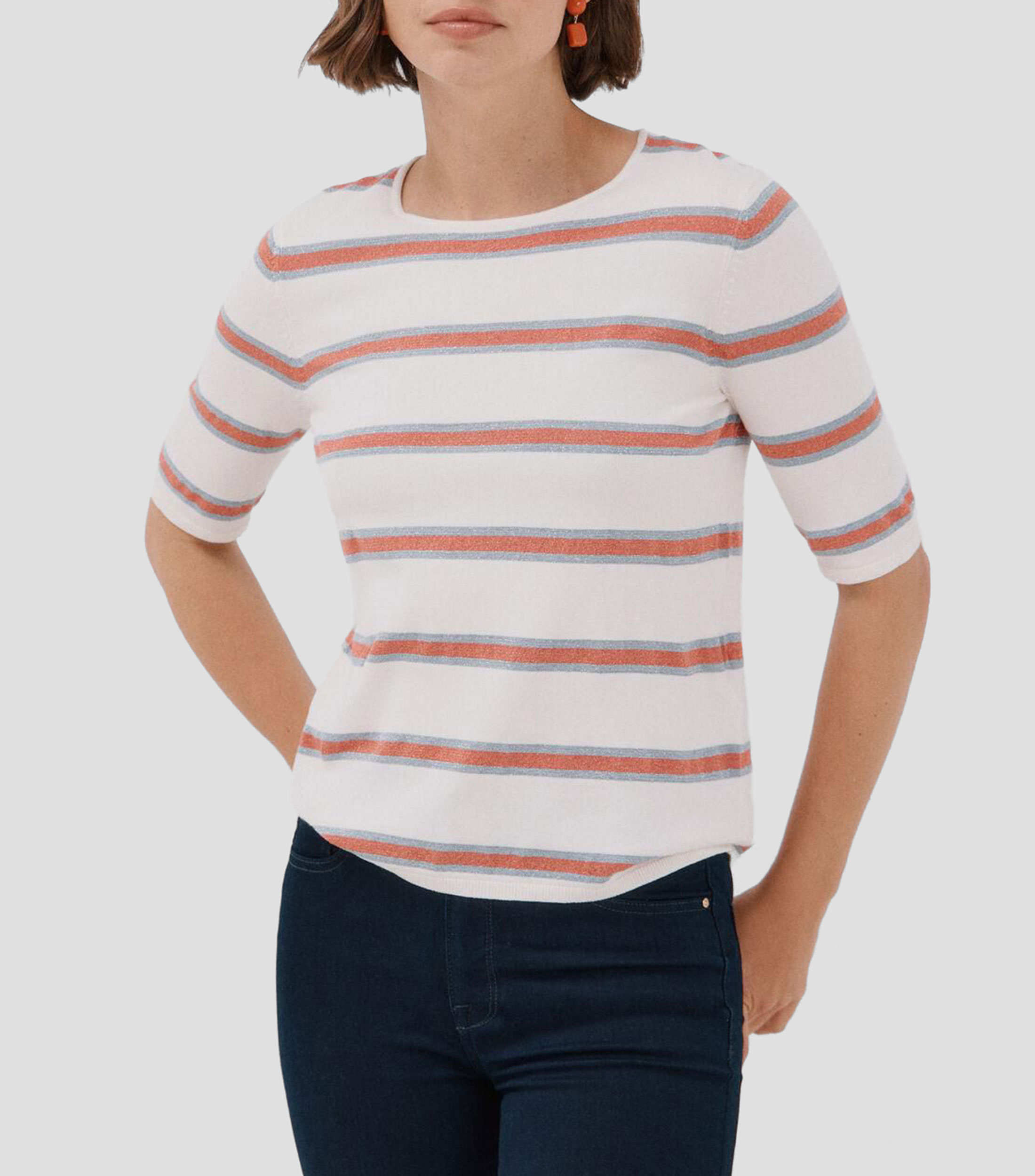 Playera con rayas de manga 3/4 Mujer
