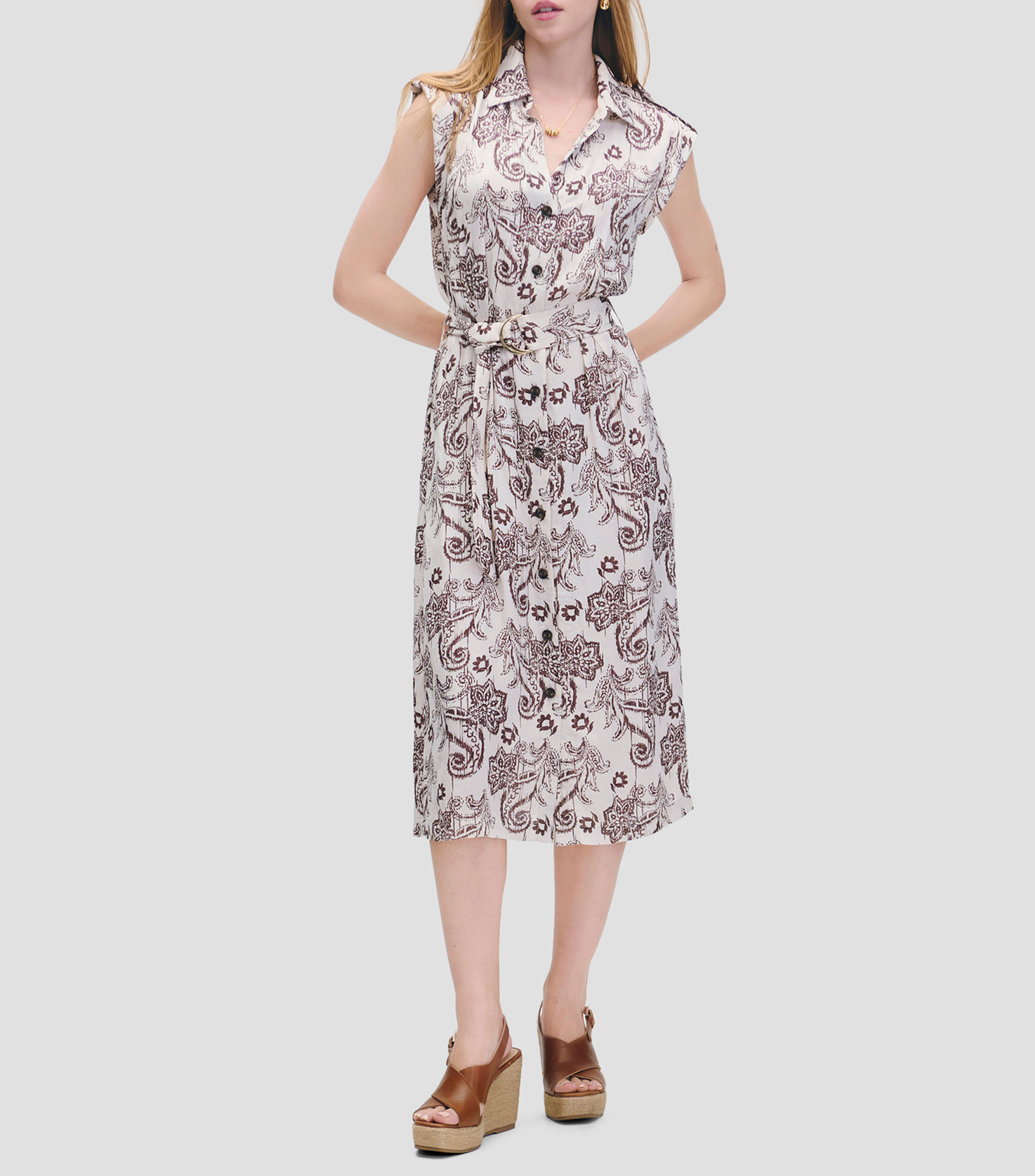 Vestido midi camisero de jacquard ornamental marrón Mujer