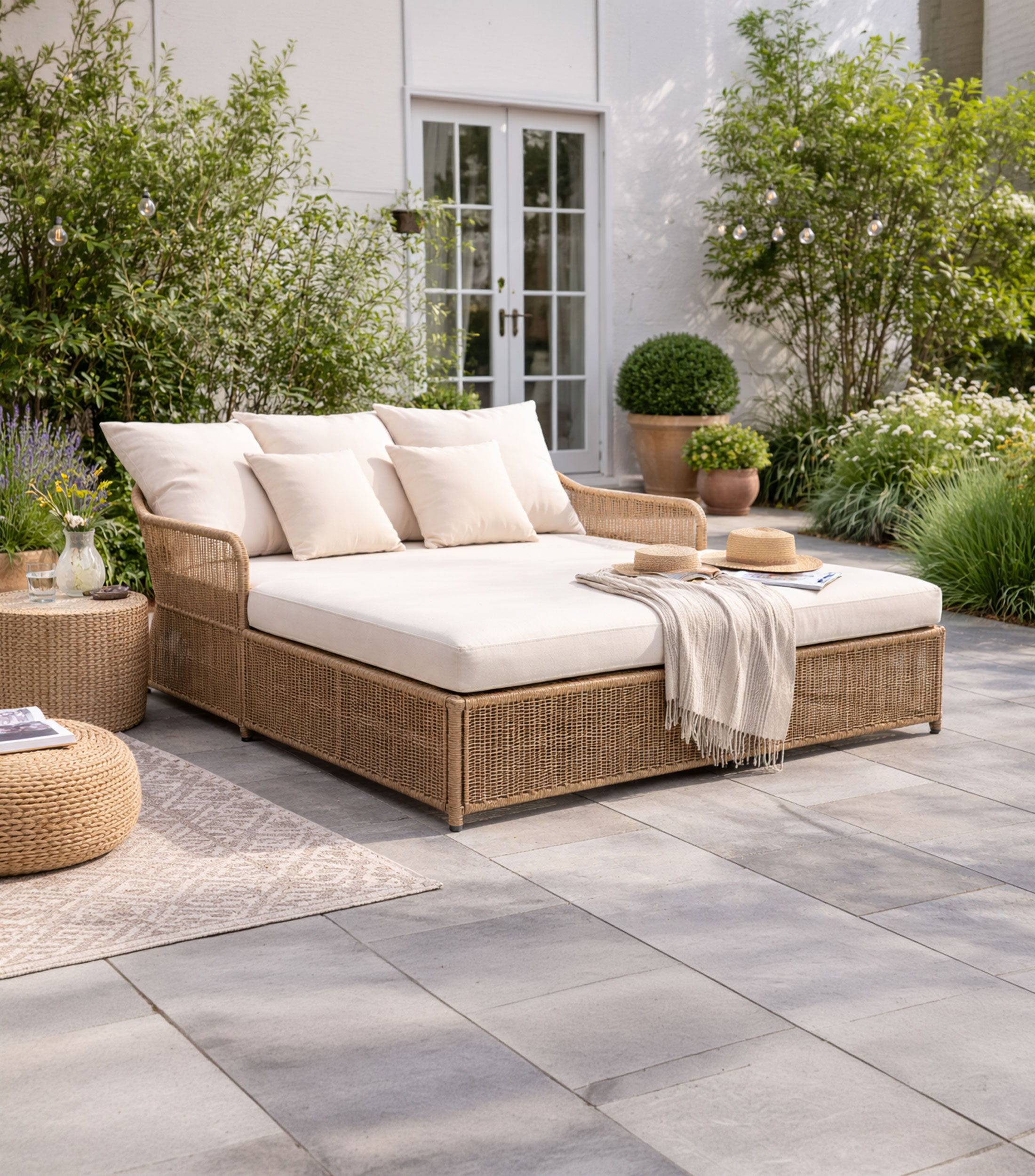 Sillón Daybed en mimbre y tela lino