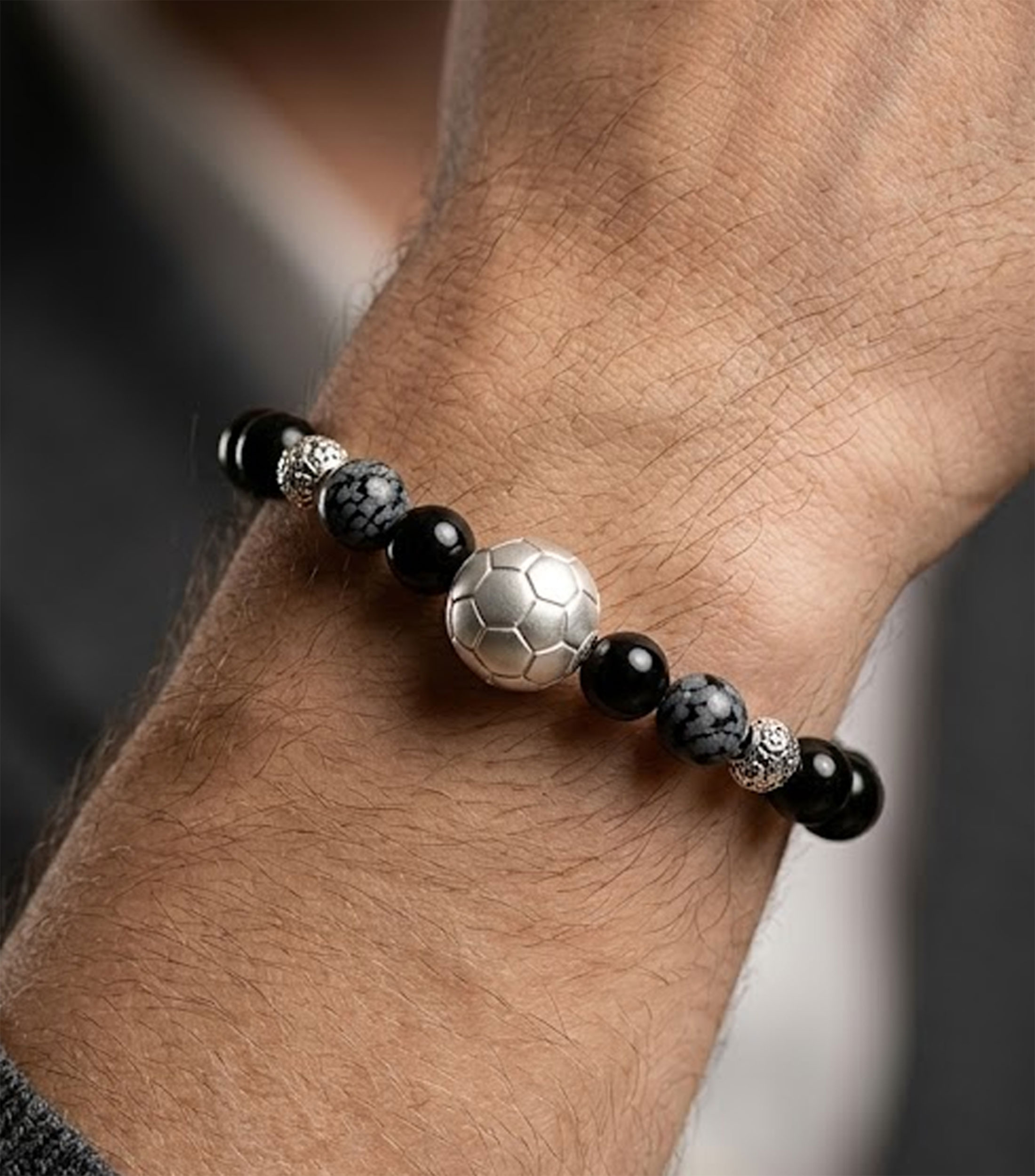 Pulsera balón mundial Plata .925 con ágata y obsidiana Hombre